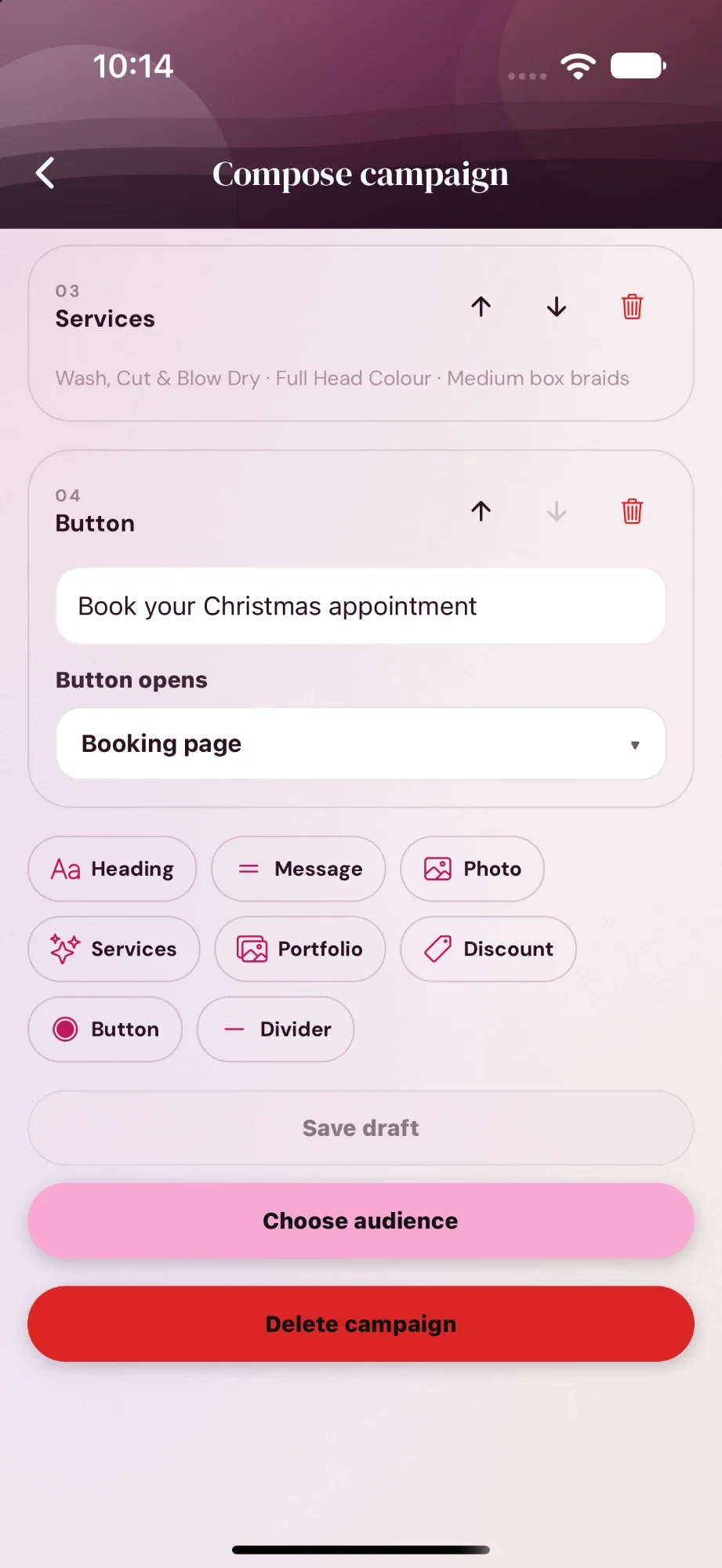 Editing the campaign: a services block and a Book your Christmas appointment button that opens the booking page, with options to add a heading, message, photo, services, portfolio, discount, button or divider.