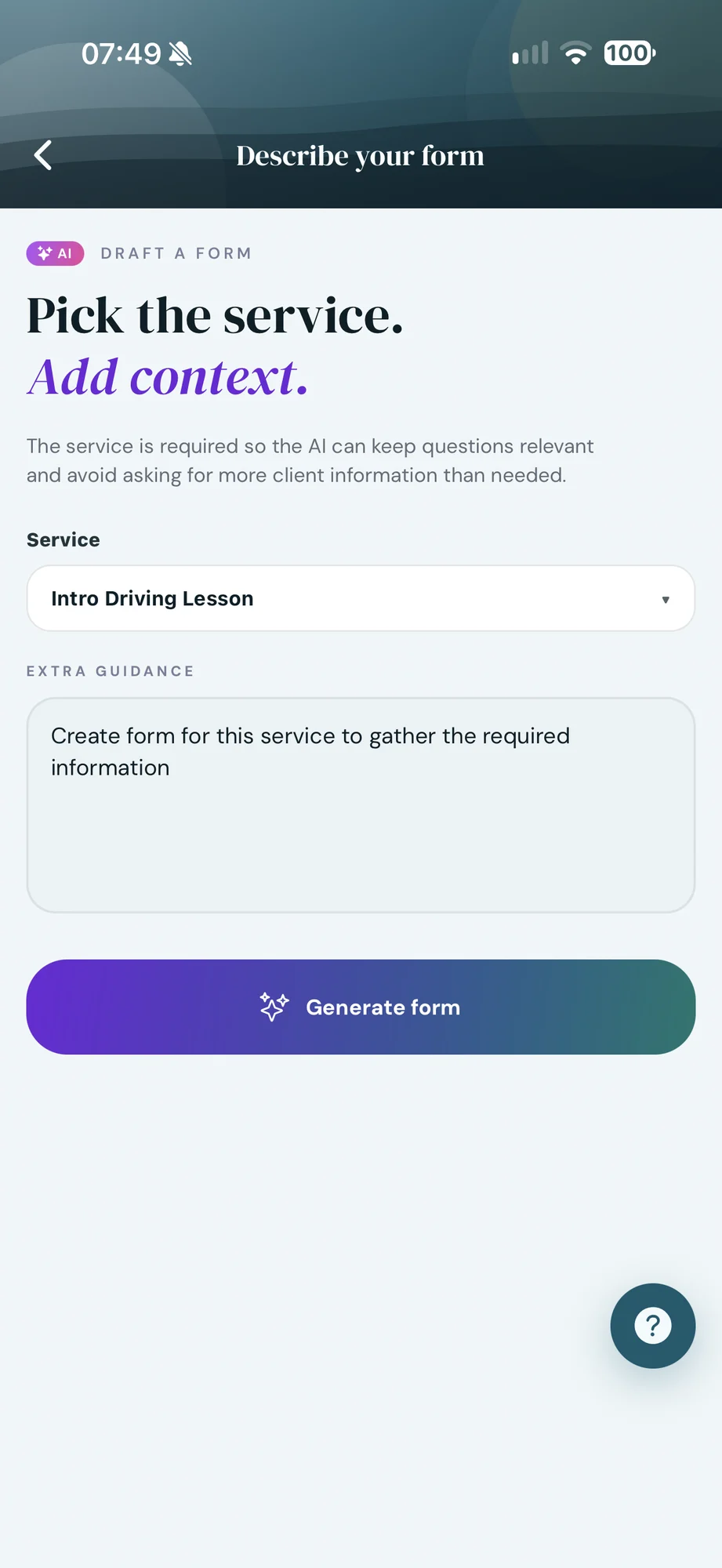 Draft a form in Cyntree: the Intro Driving Lesson service is selected, with the guidance Create form for this service to gather the required information, and a Generate form button.