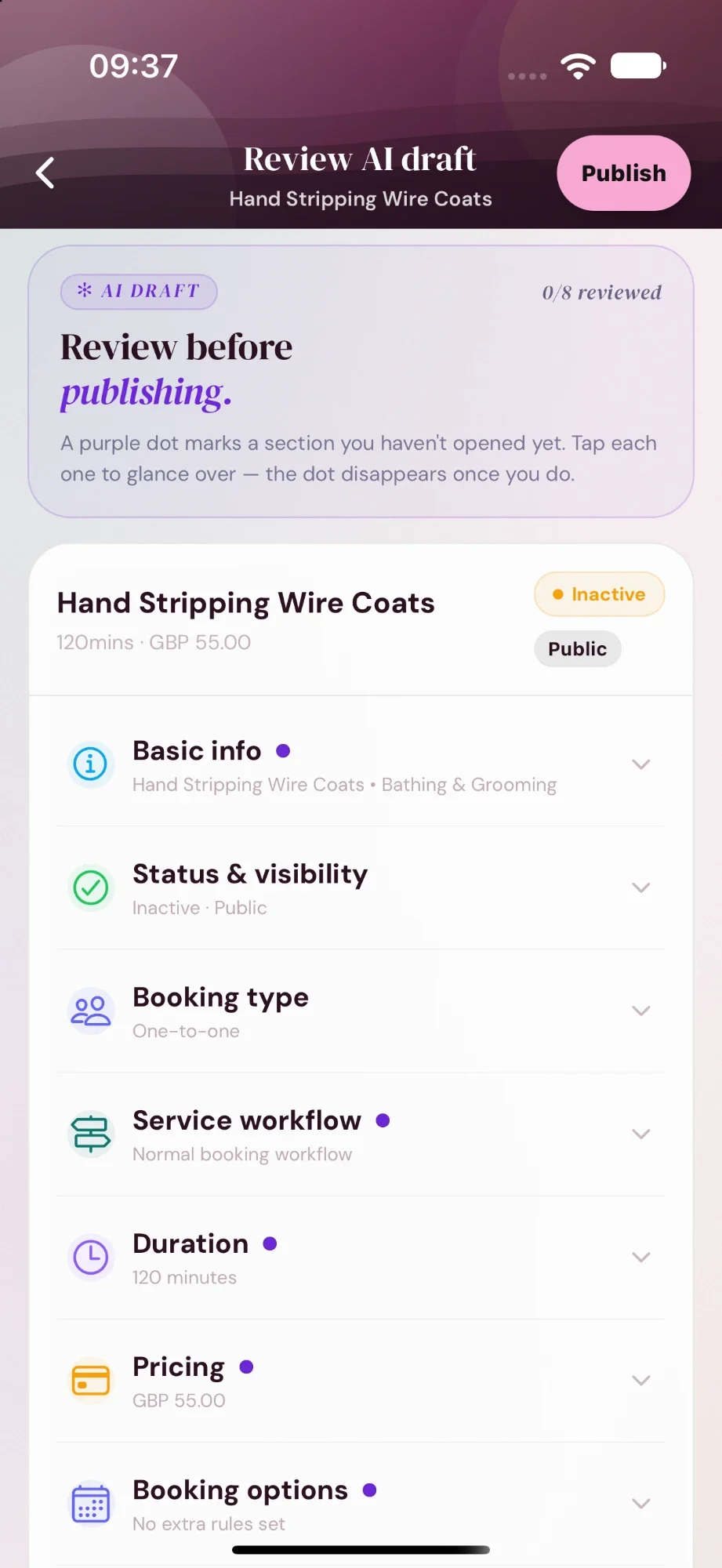 Review AI draft: a Review before publishing checklist at 0 of 8 reviewed, with purple dots on Basic info, Service workflow, Duration, Pricing and Booking options.
