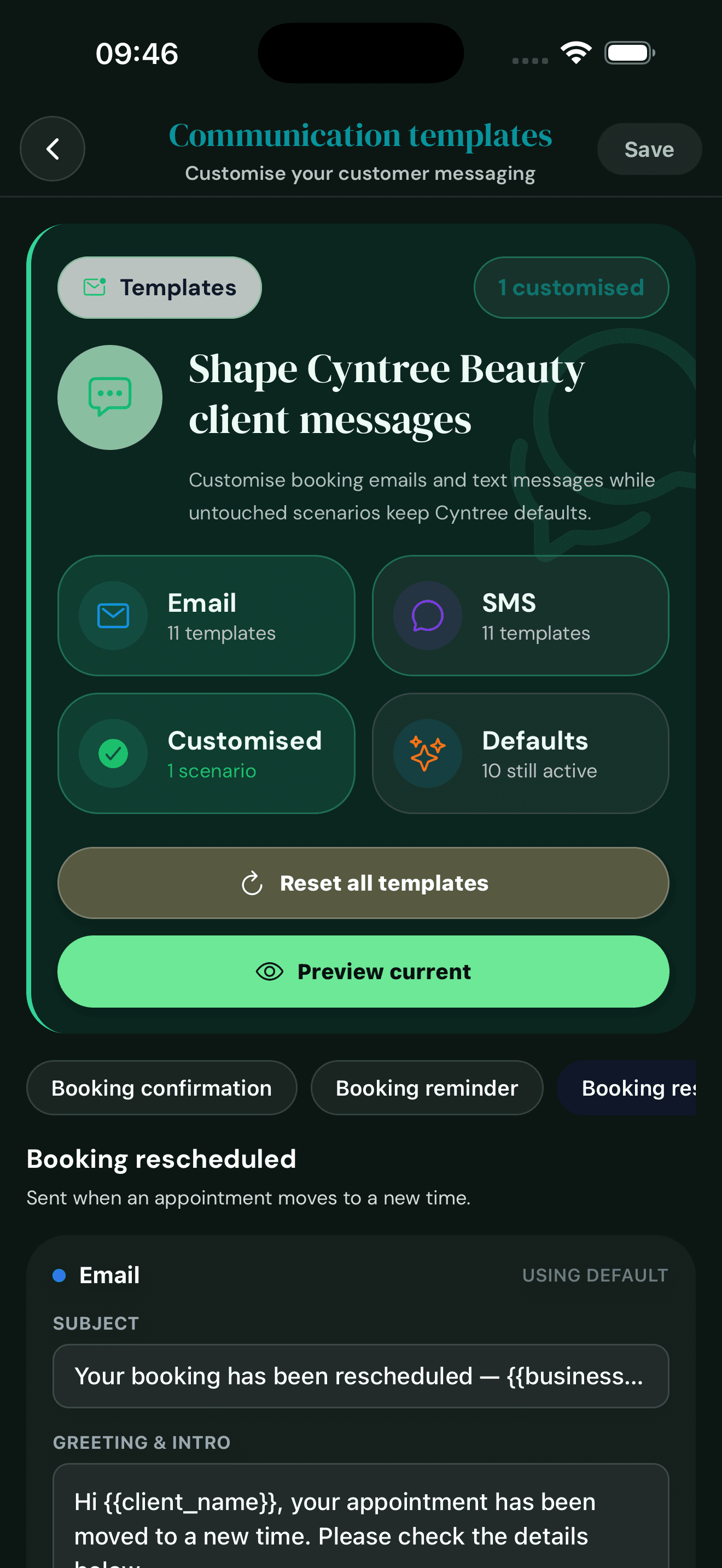 Cyntree communication templates hub showing 11 email templates and 11 SMS templates, with which ones are customised.