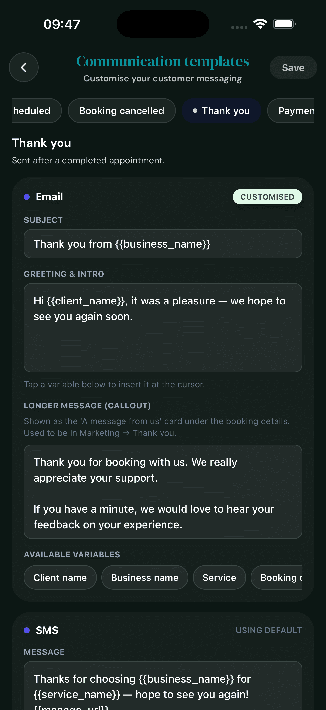 A Cyntree post-appointment thank-you email written in the business's own words.