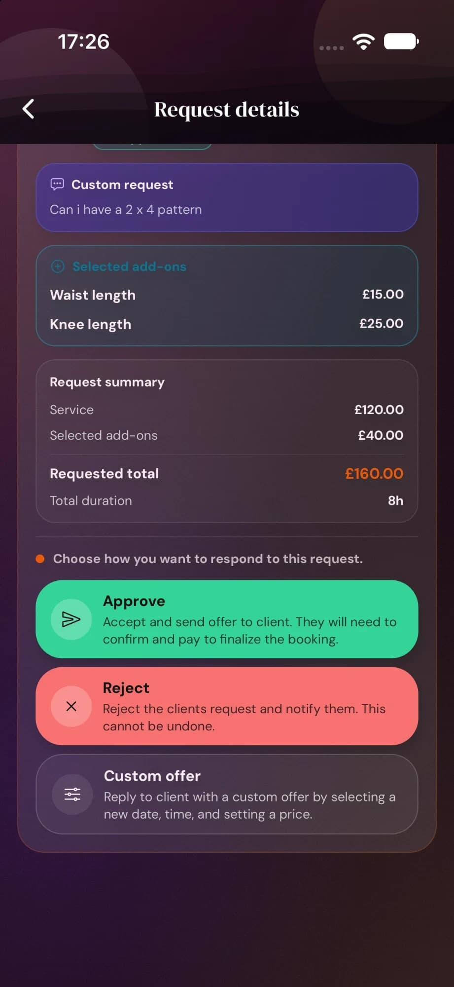 Cyntree request details screen with the client's custom note, two selected add-ons, a £160.00 requested total, and Approve, Reject and Custom offer buttons.