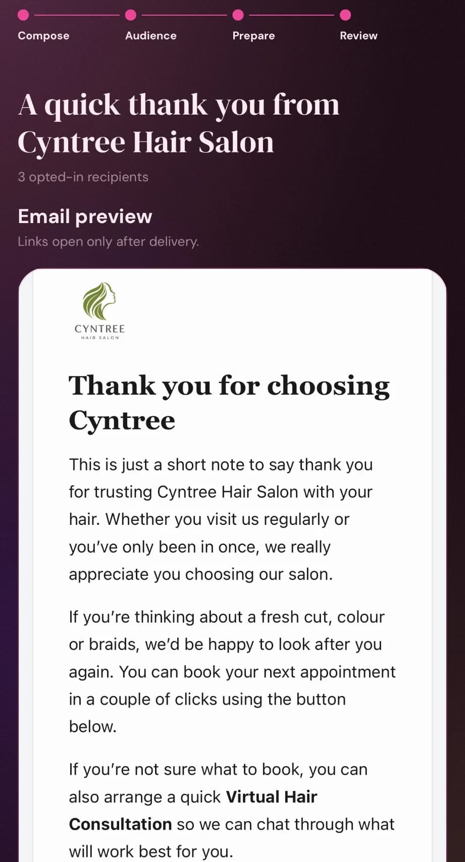 Cyntree Review campaign screen with an email preview titled Thank you for choosing Cyntree, going to 3 opted-in recipients.