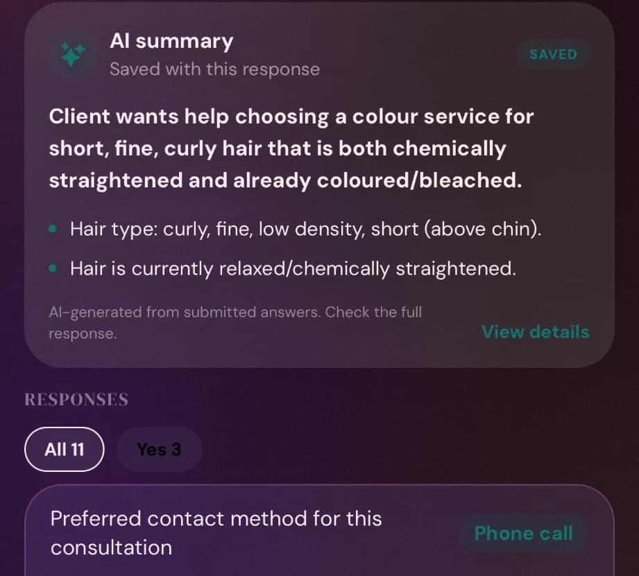 Cyntree form review with an AI summary of a client's hair consultation answers, followed by their individual responses.