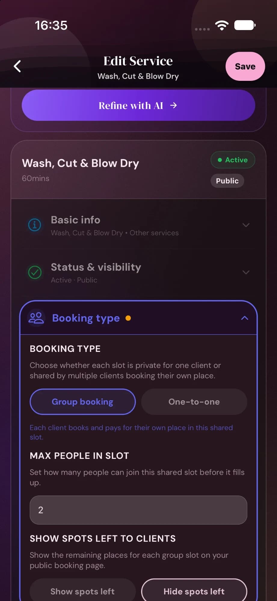 Cyntree Edit Service screen with Booking type set to Group booking, max people in slot set to 2, and options to show or hide spots left.