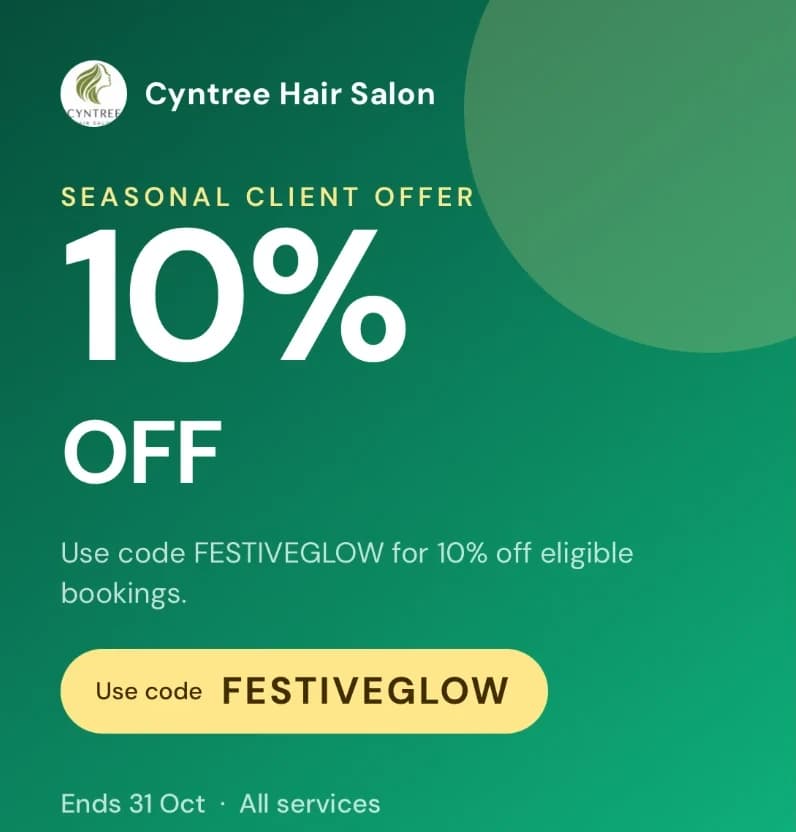 A Cyntree share card for Cyntree Hair Salon advertising 10% off with the code FESTIVEGLOW, ending 31 October.