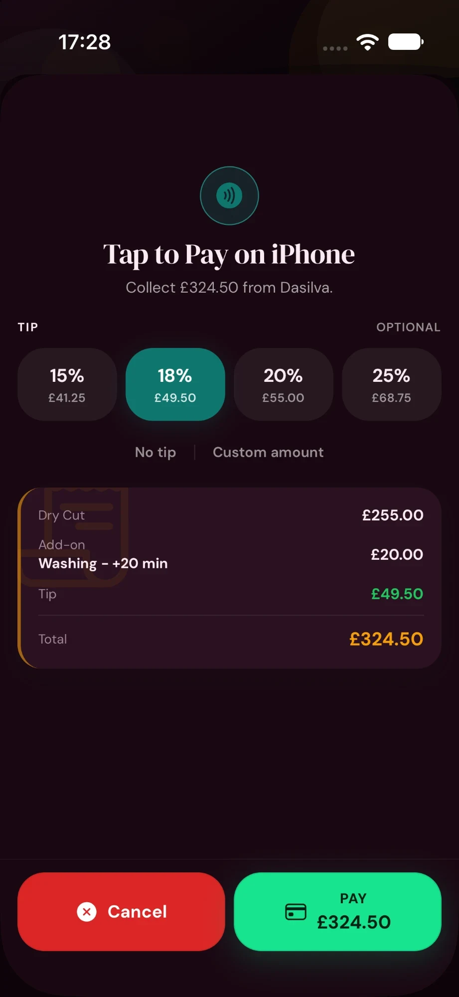 Cyntree Tap to Pay on iPhone screen collecting £324.50, with tip options of 15, 18, 20 and 25 percent and an itemised total.