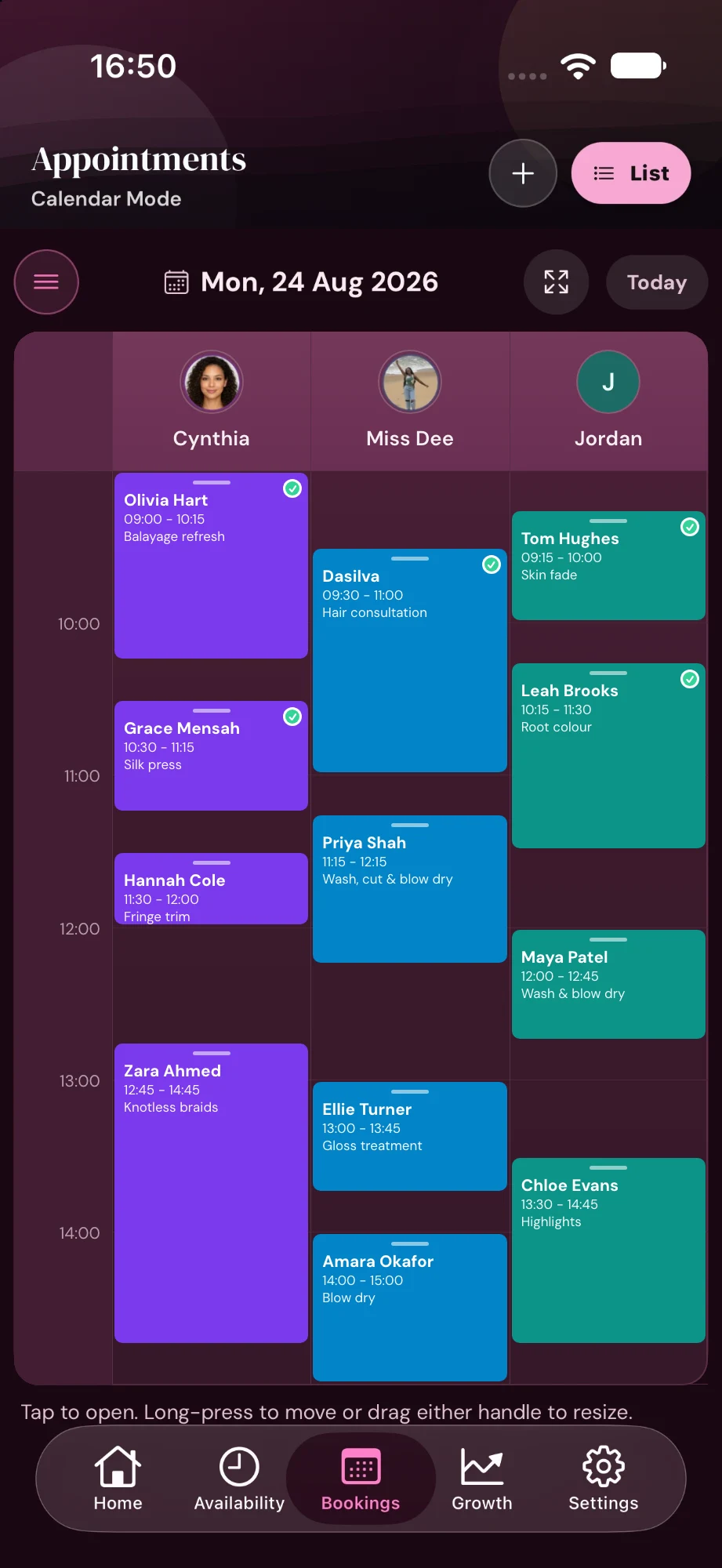 A Cyntree calendar for Monday with three professionals booked out from 9am to 3pm.