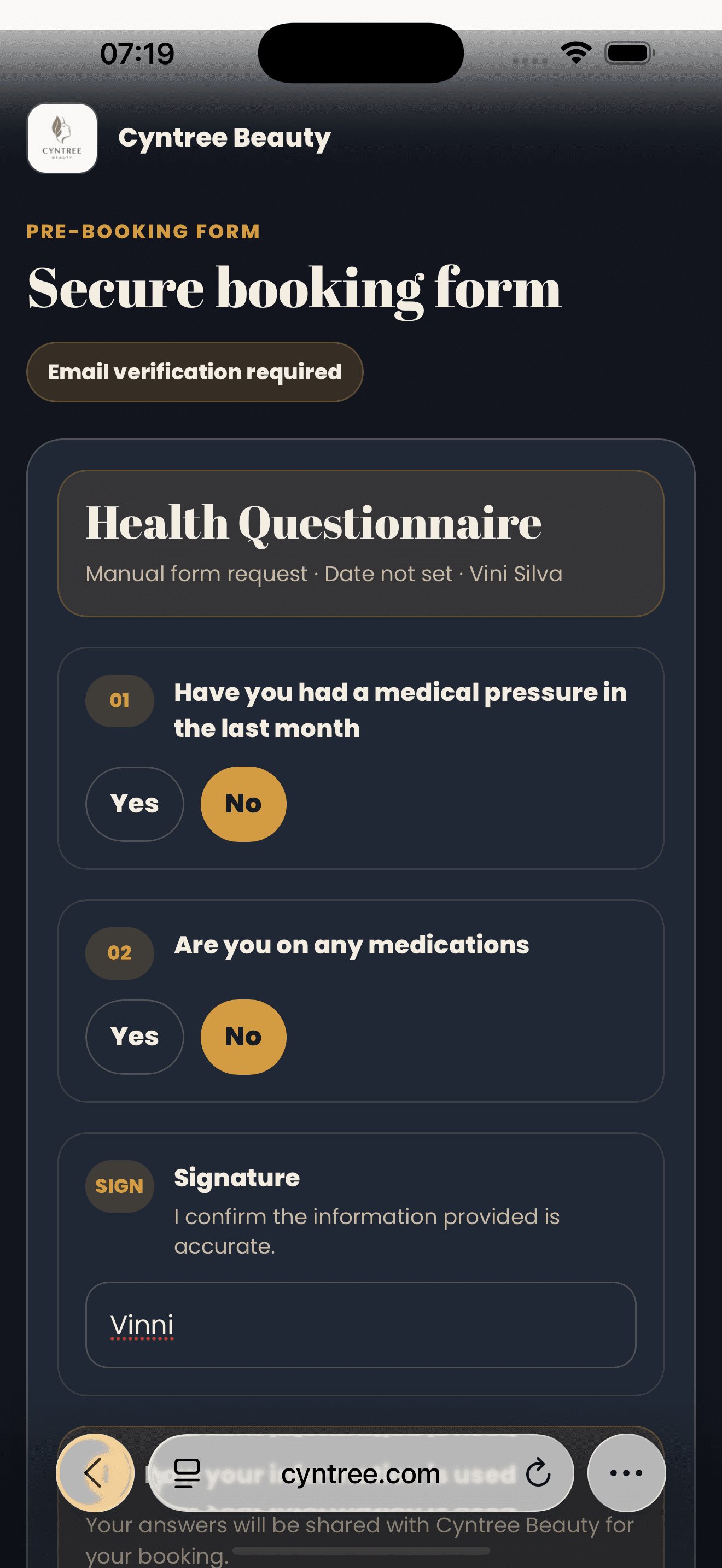 Client filling out a Health Questionnaire on mobile with Yes/No buttons and a signature confirming the information is accurate