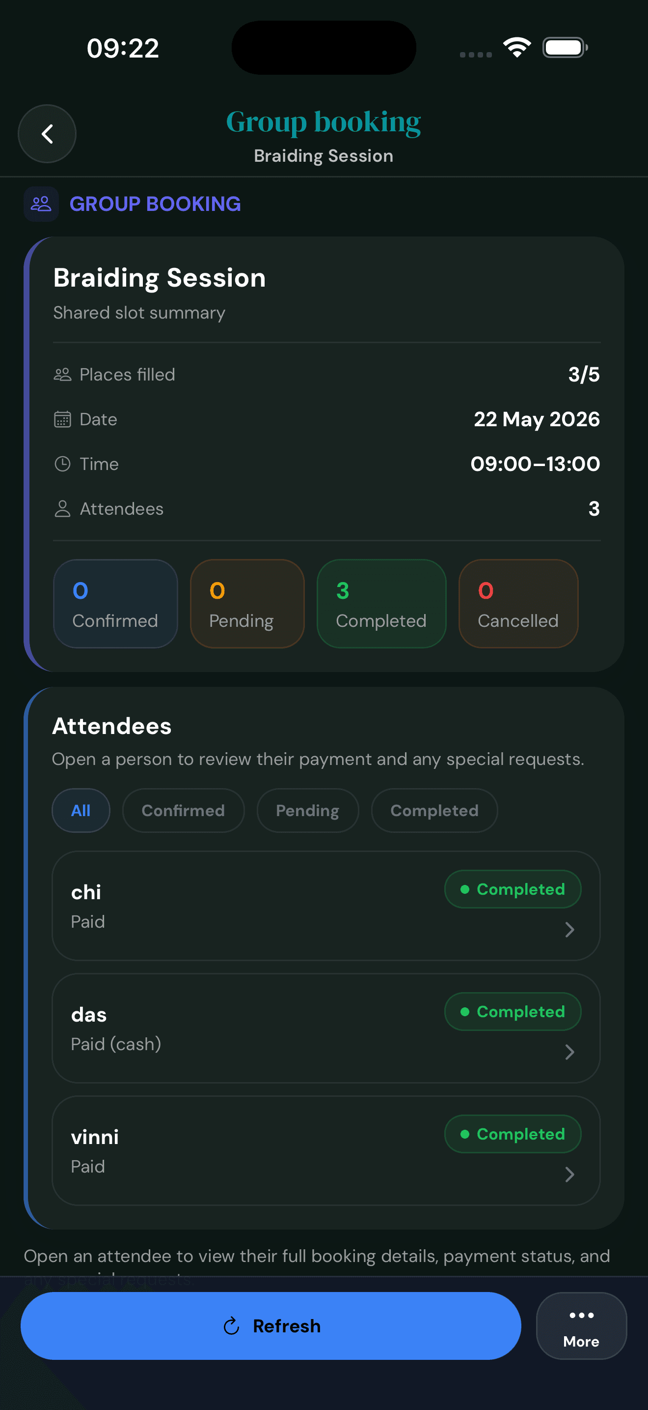 Cyntree group booking summary after the session showing 3 completed attendees, all paid, with green completed chips on each attendee row