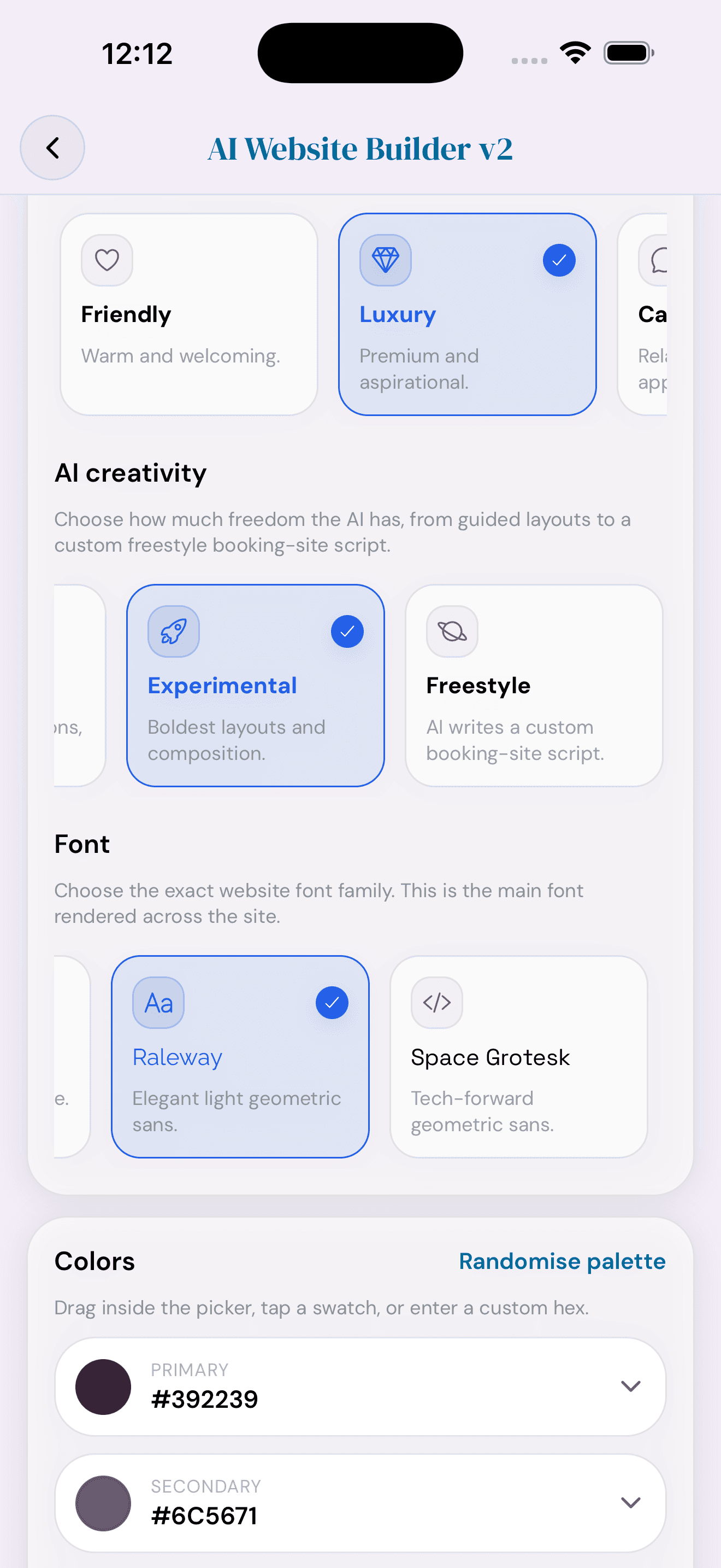 Cyntree AI Website Builder showing style tone, font, and palette selectors.