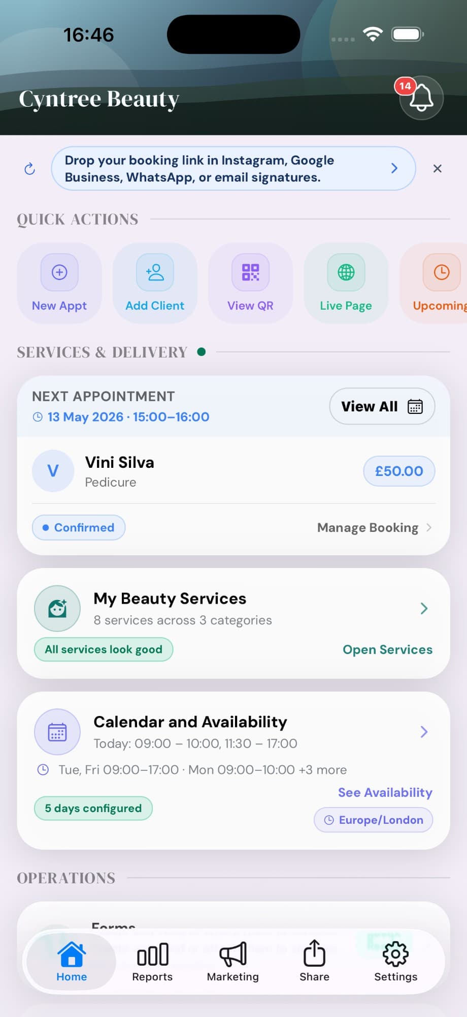 Cyntree owner app dashboard showing Quick Actions, upcoming appointments, and navigation