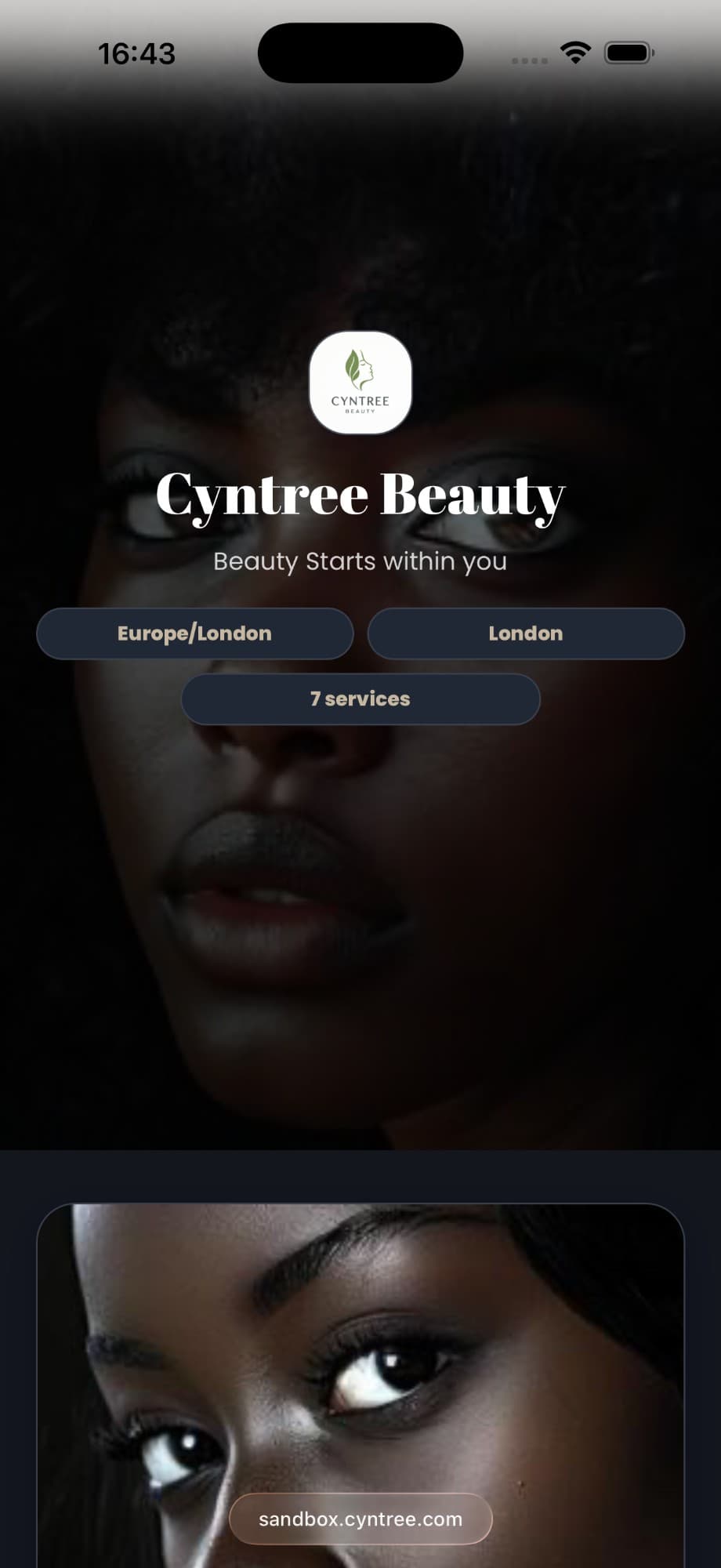 Cyntree client-facing booking website showing the business brand, services, and booking flow