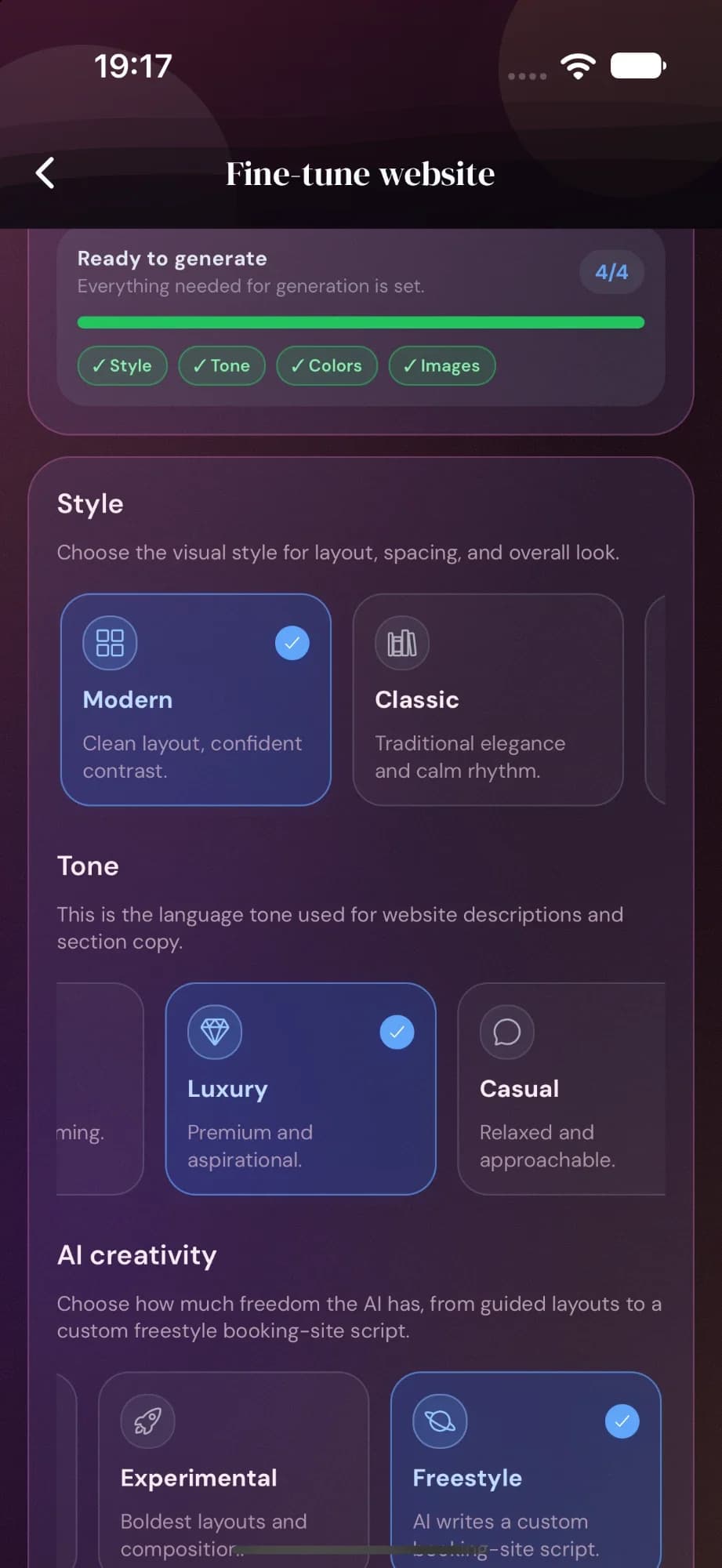 Cyntree Fine-tune website screen for the AI builder, ready to generate, with style, tone and AI creativity choices.