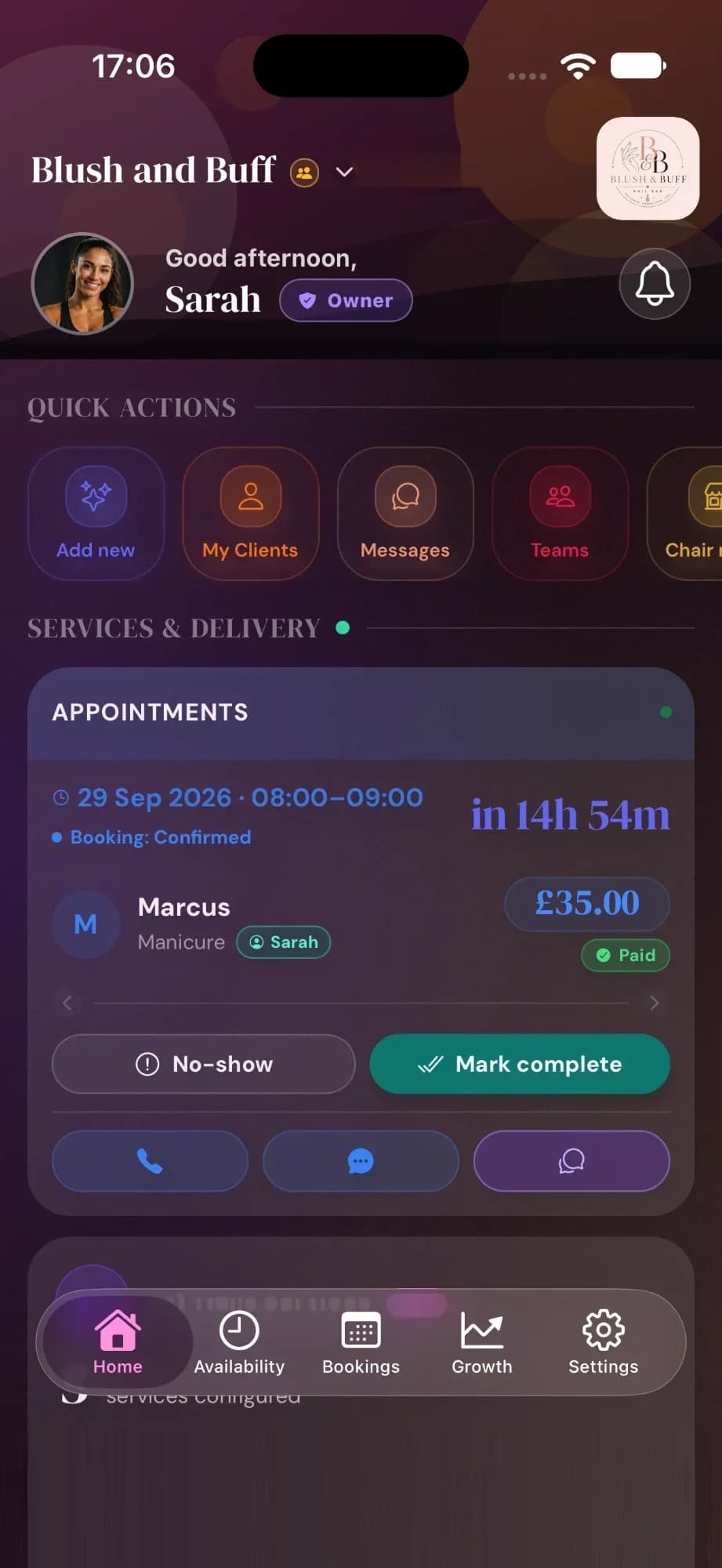 The Cyntree app home showing the next appointment: Marcus, manicure with Sarah, £35.00 already paid.