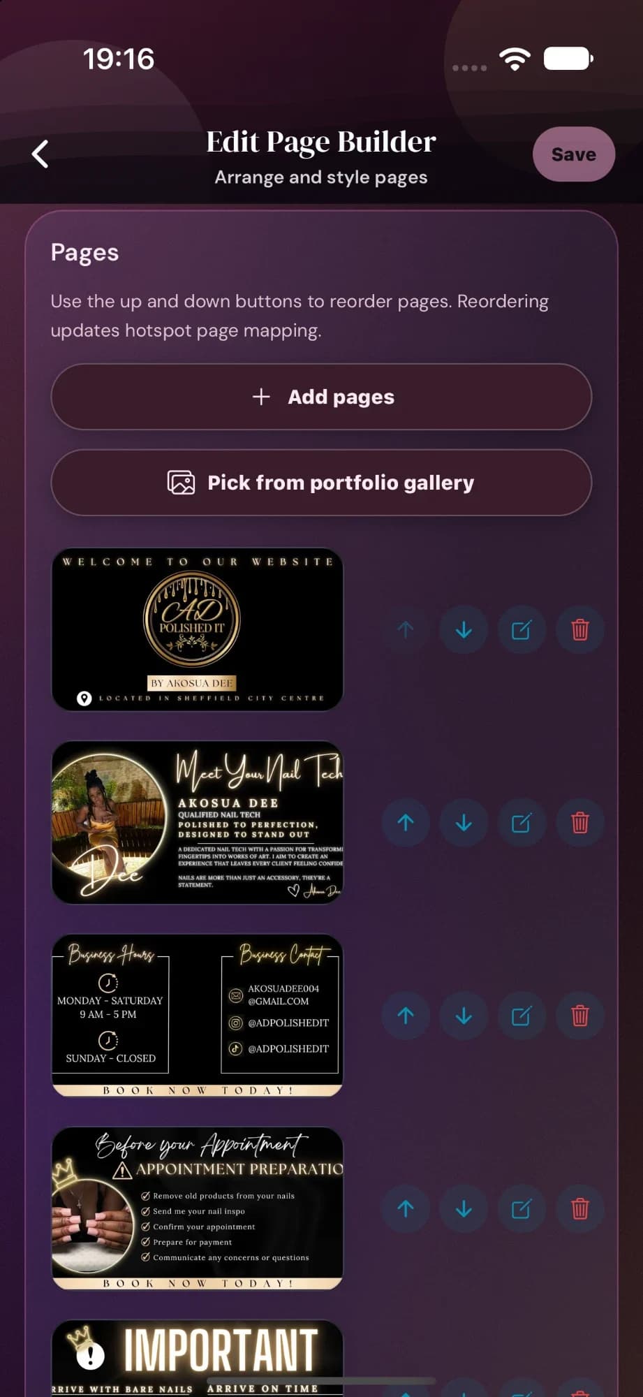Cyntree Edit Page Builder showing imported Canva pages with Add pages, Pick from portfolio gallery, and reorder controls.
