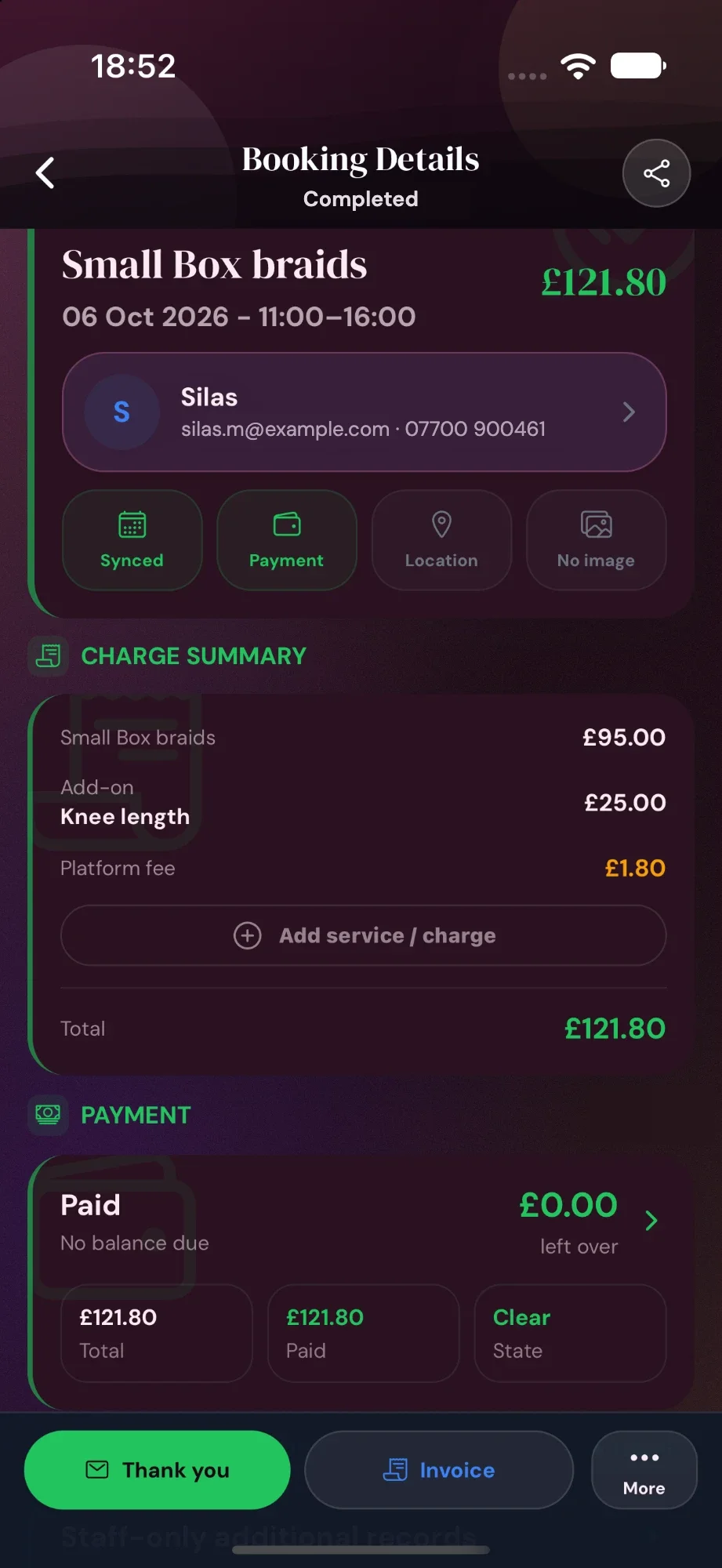 Cyntree Booking Details for the completed booking: £121.80 paid with nothing left over, and Thank you and Invoice buttons.