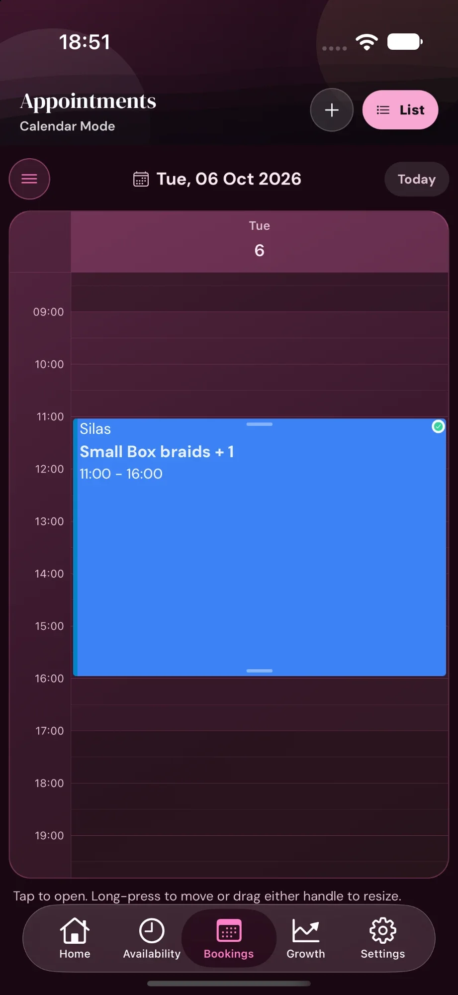 Cyntree calendar for Tuesday 6 October 2026 with Silas booked for Small Box braids plus one extra from 11:00 to 16:00.