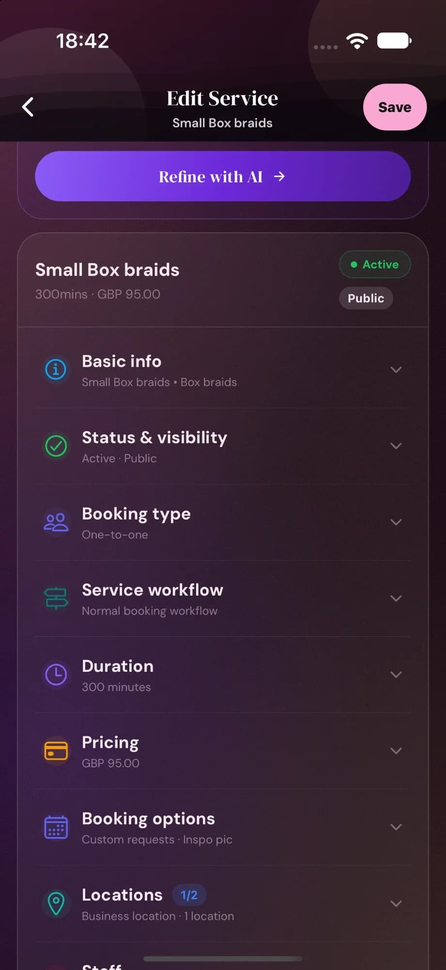 Cyntree Edit Service screen for Small Box braids: 300 minutes, £95.00, one-to-one booking, normal workflow and booking options for custom requests and inspo pics.