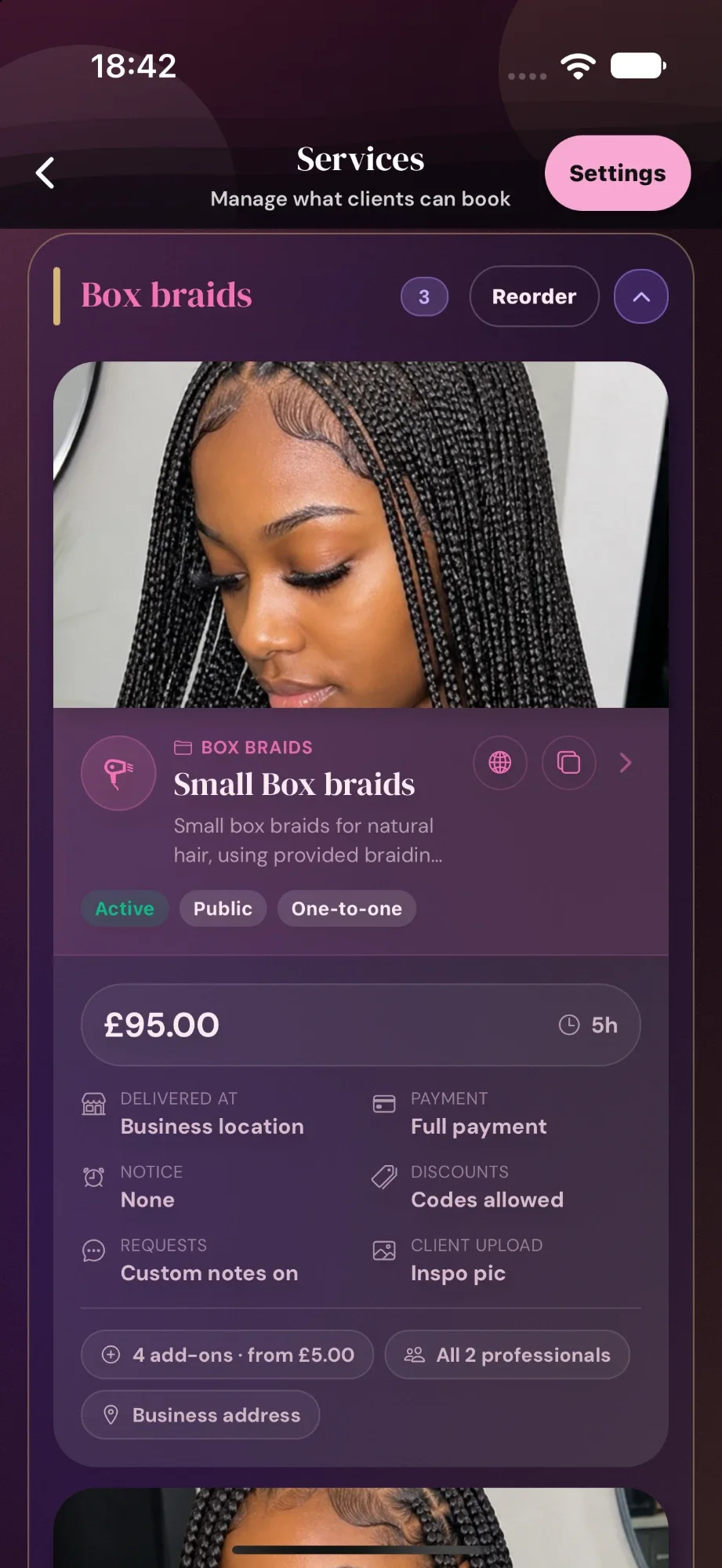 Cyntree Services screen showing the Small Box braids card: £95.00, 5 hours, full payment, codes allowed, 4 add-ons from £5.00 and both professionals.