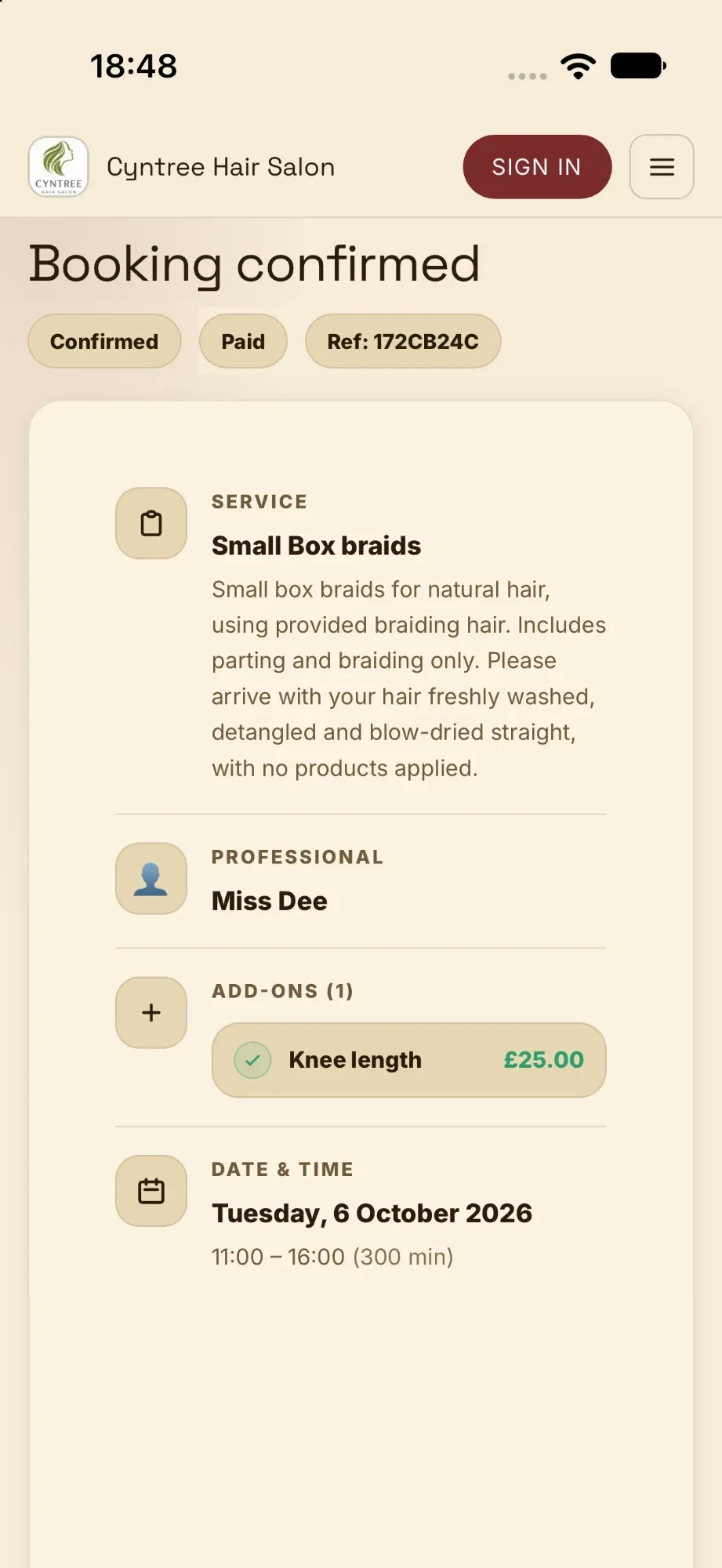 A client's booking confirmation from Cyntree Hair Salon, marked Confirmed and Paid, with the service, professional, add-on, date and time.