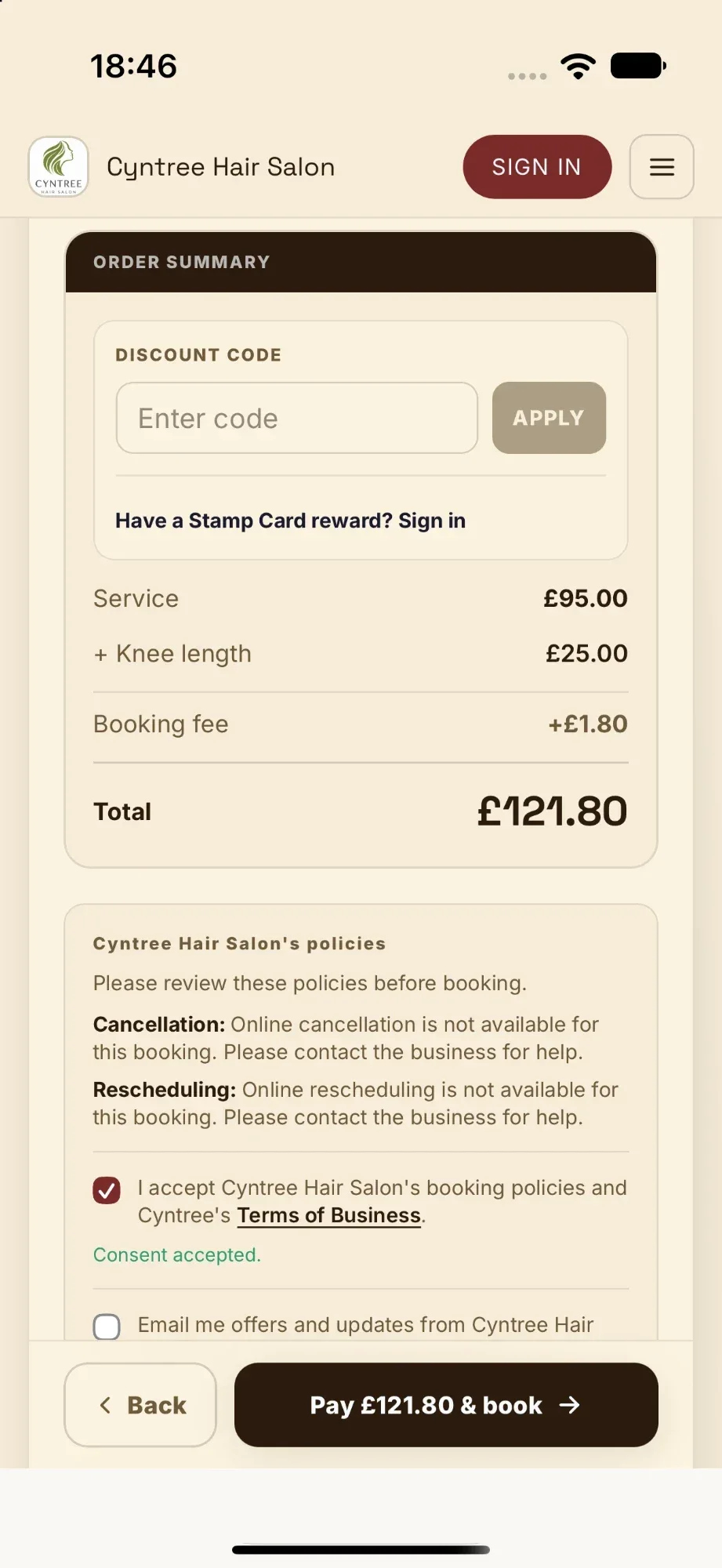 Booking page order summary: service £95.00, Knee length £25.00, booking fee £1.80, total £121.80, with policies accepted and a Pay £121.80 and book button.