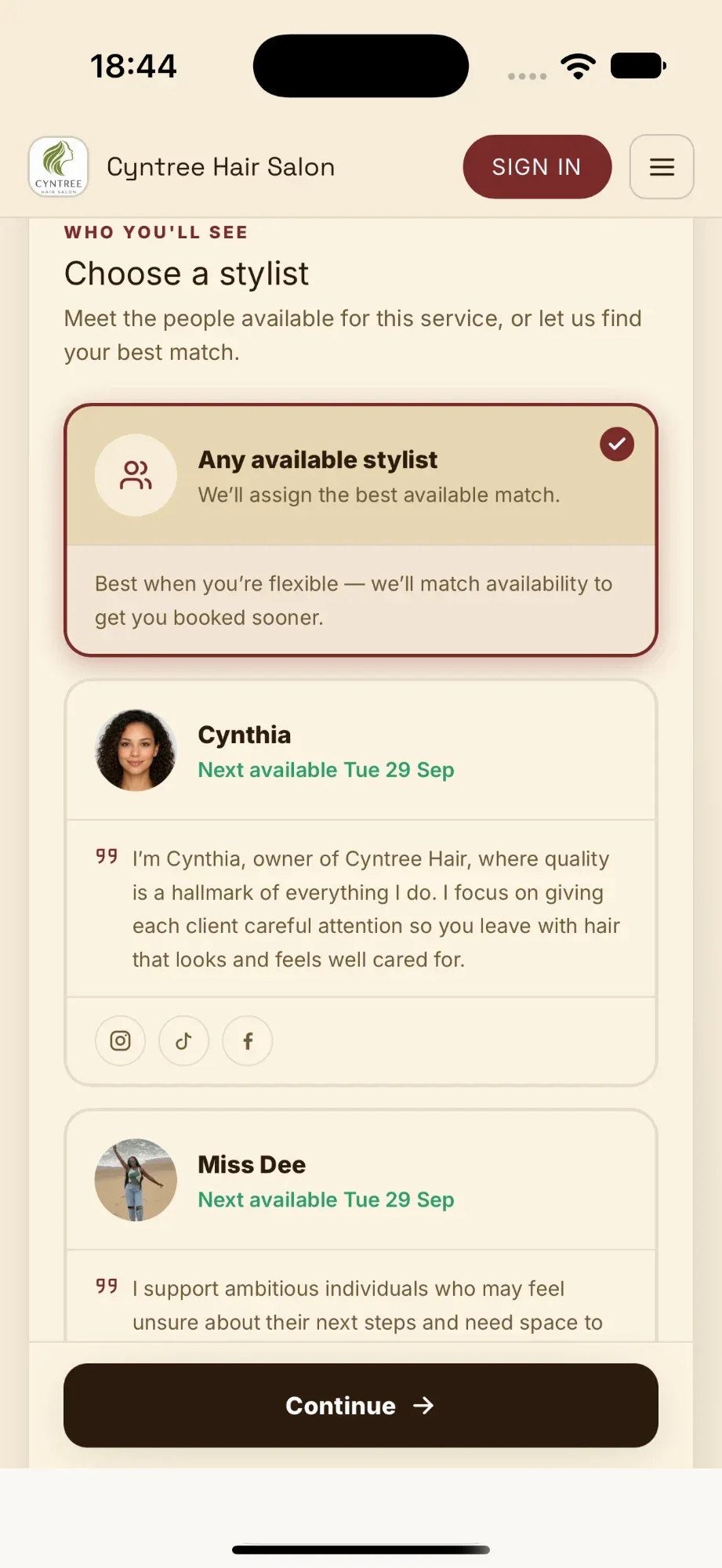 Booking page step to choose a stylist, with Any available stylist selected and profiles for Cynthia and Miss Dee showing their next available day.