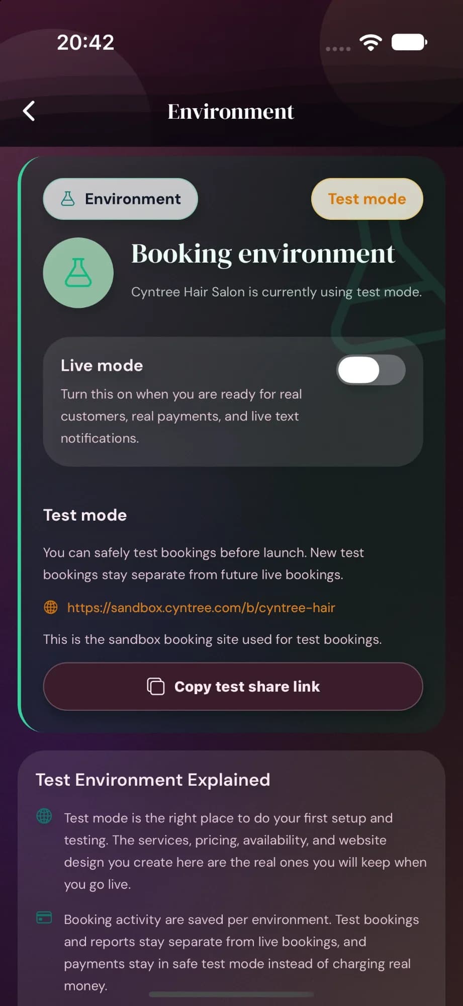Cyntree Environment screen: Cyntree Hair Salon is in test mode, with a Live mode switch, the sandbox booking link and a Copy test share link button.