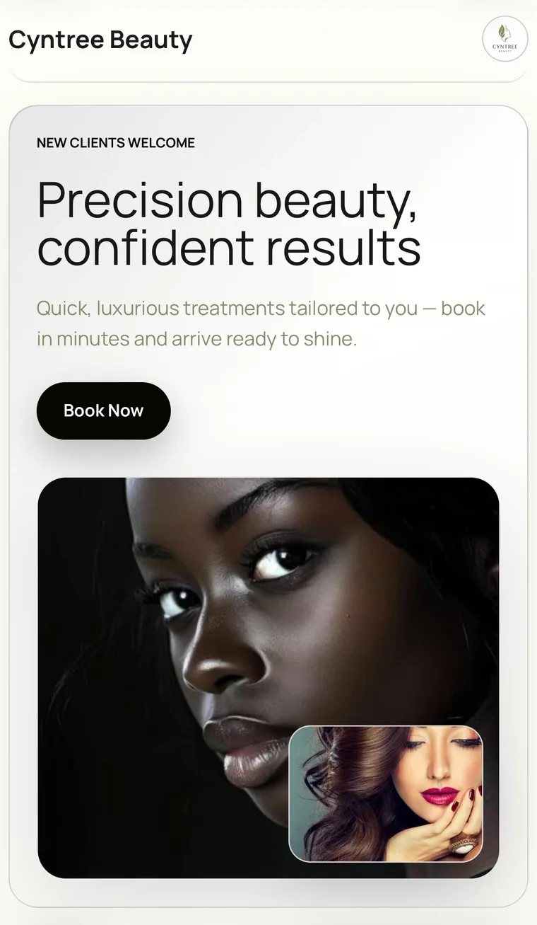 AI-built beauty site: clean white, the headline Precision beauty, confident results, and a portrait photo.