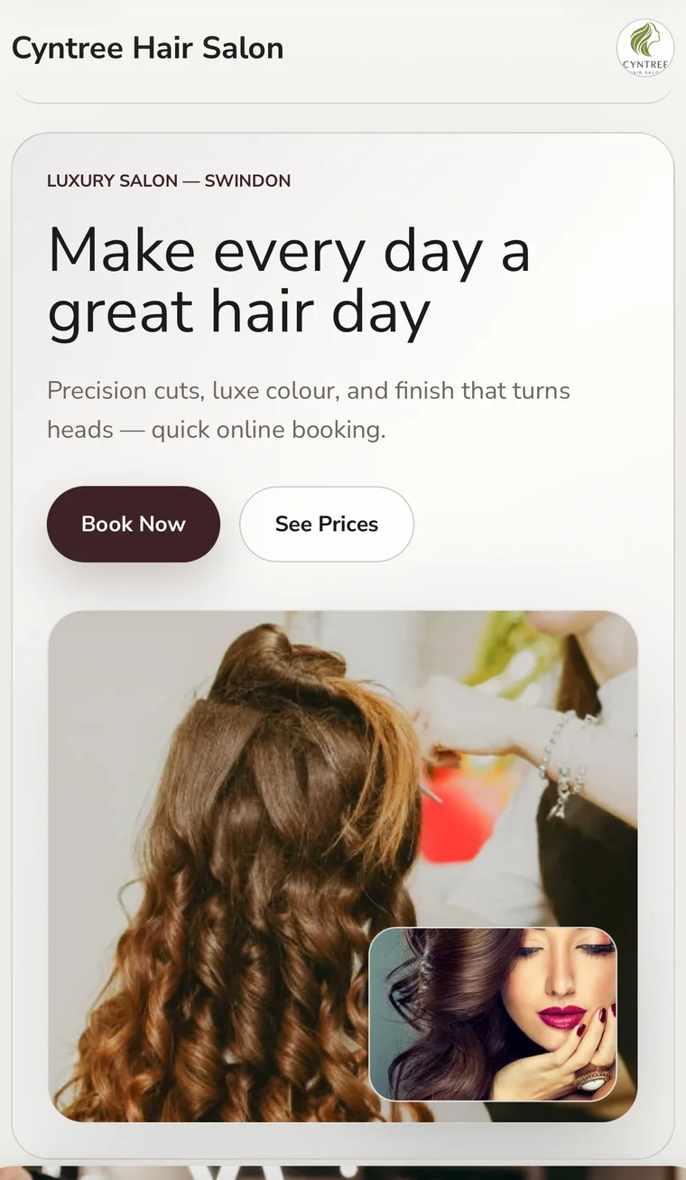 AI-built luxury salon site: warm cream, the headline Make every day a great hair day, and a styled hair photo.