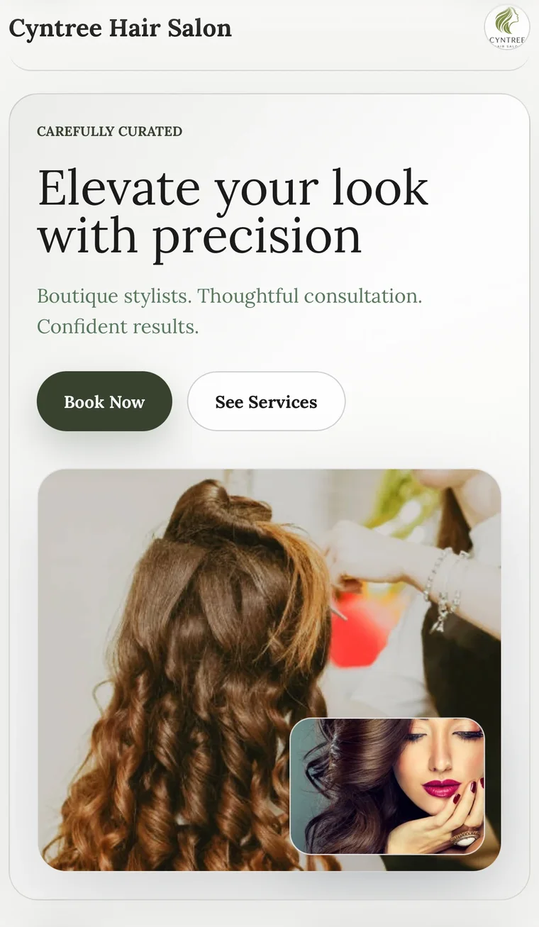AI-built hair salon site: cream and ink, the headline Elevate your look with precision, and a curled hair photo.