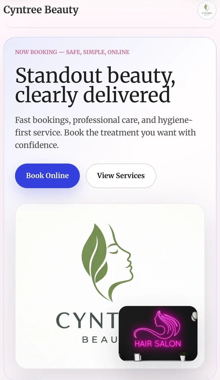 AI-built beauty studio site: soft lilac, the headline Standout beauty, clearly delivered, and Book Online and View Services buttons.