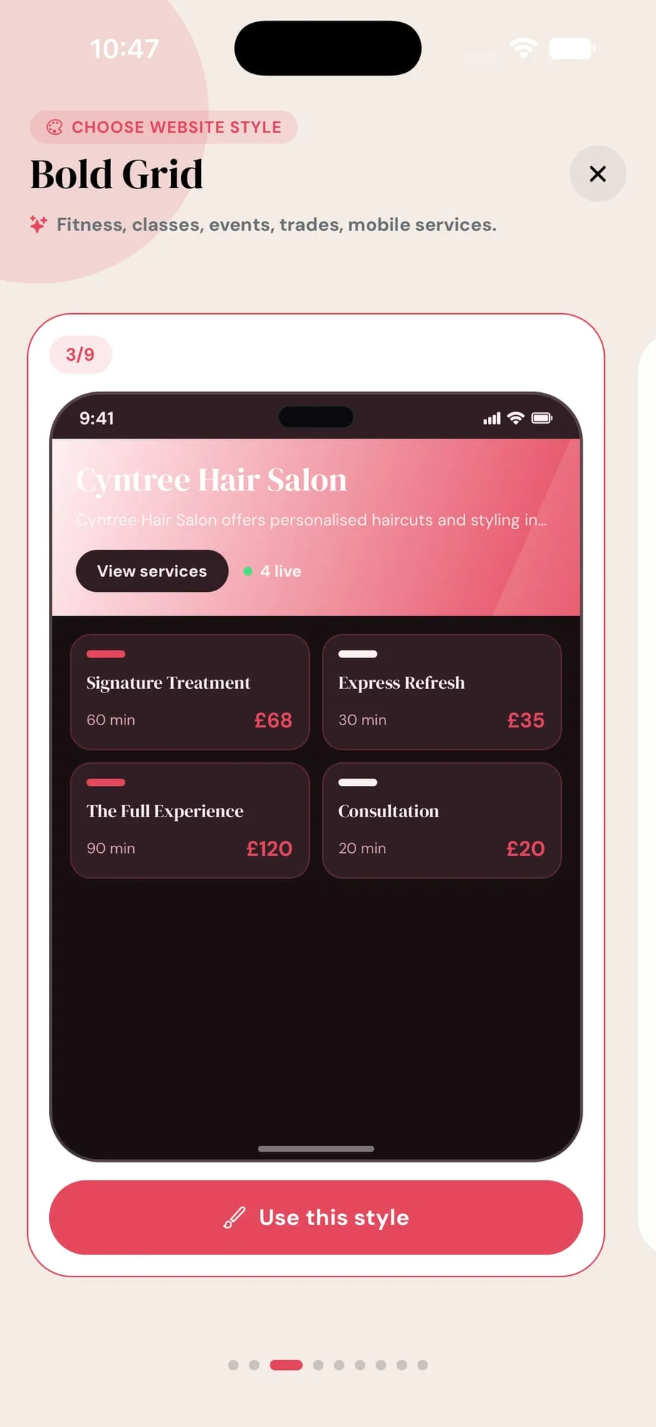 Choosing a website style in Cyntree: a live preview of the Bold Grid layout, three of nine, with a Use this style button.