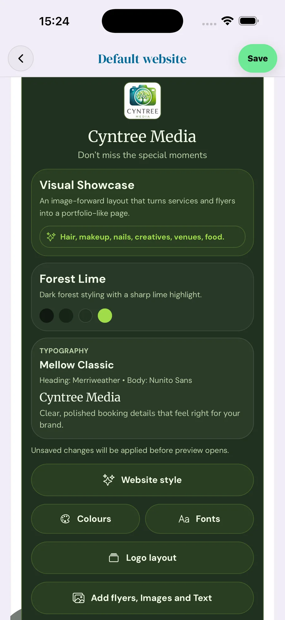 Cyntree website settings with the Visual Showcase layout, Forest Lime colours and Mellow Classic fonts.