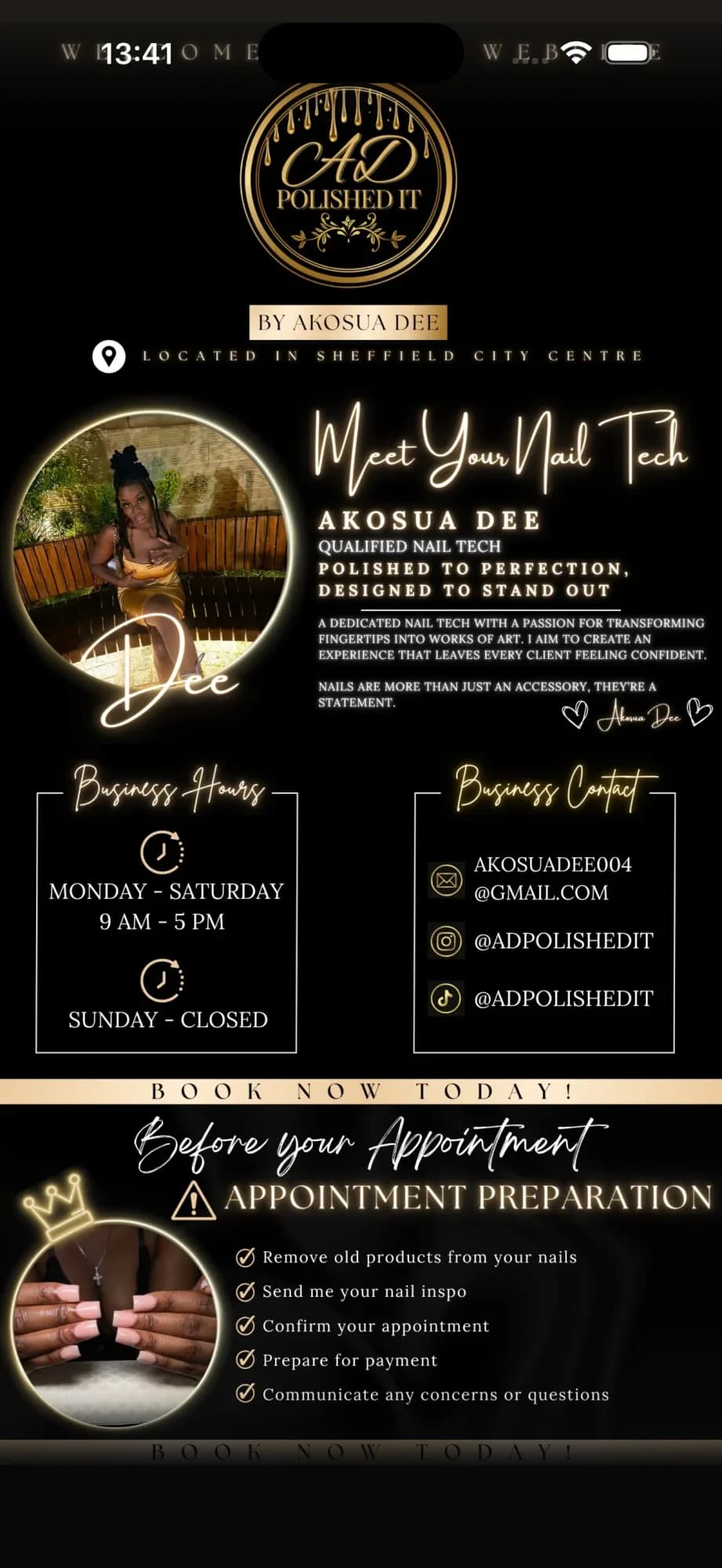 AD Polished It, a nail tech's black and gold Canva pages published as a Cyntree booking site with hours, contact and appointment prep.