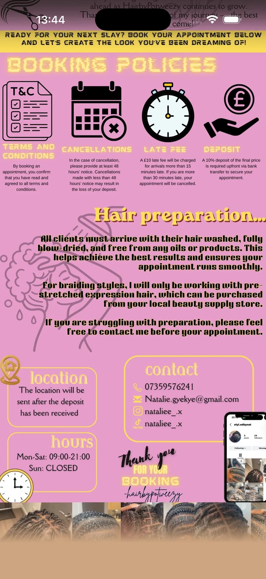 A stylist's Canva-designed booking policies page, published as a bookable Cyntree site.
