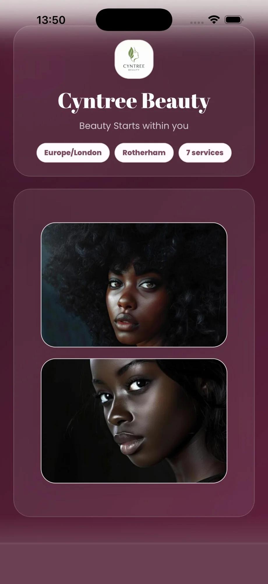 The free booking site in a magenta palette with portrait photos under the business name.