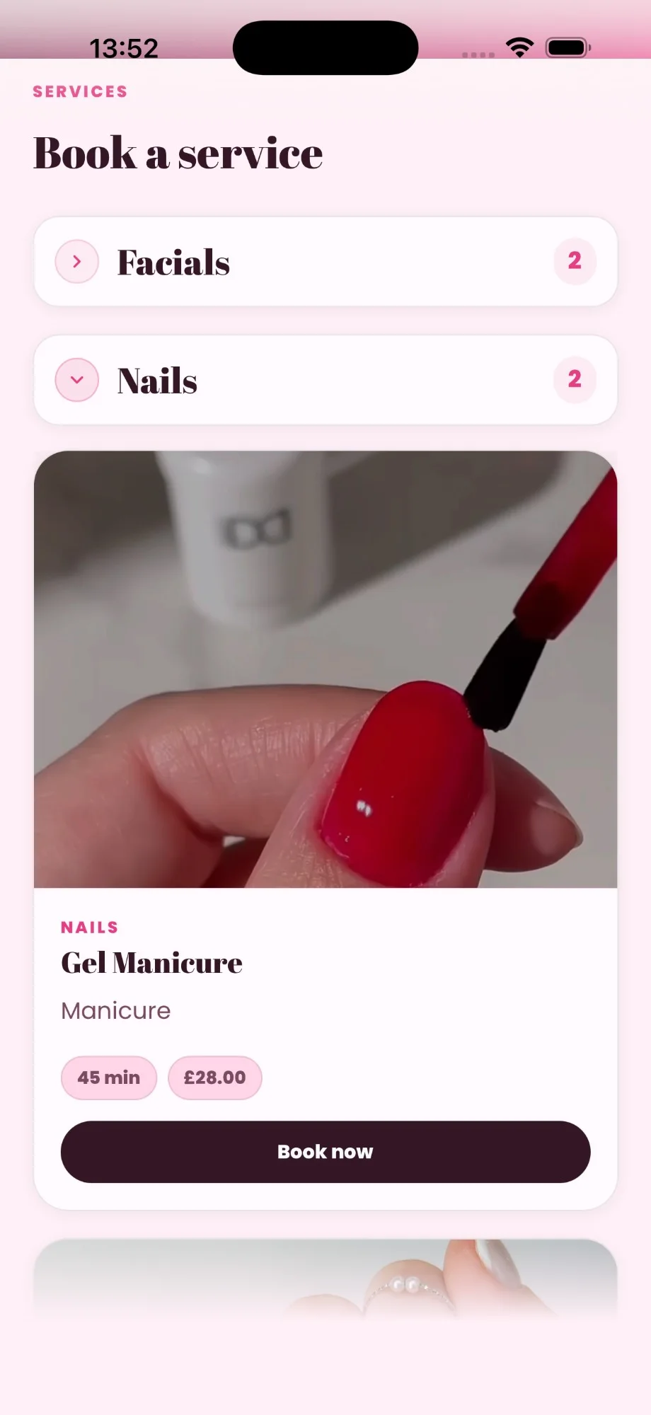 The free booking site in a rose palette with service categories and a Gel Manicure card with a Book now button.
