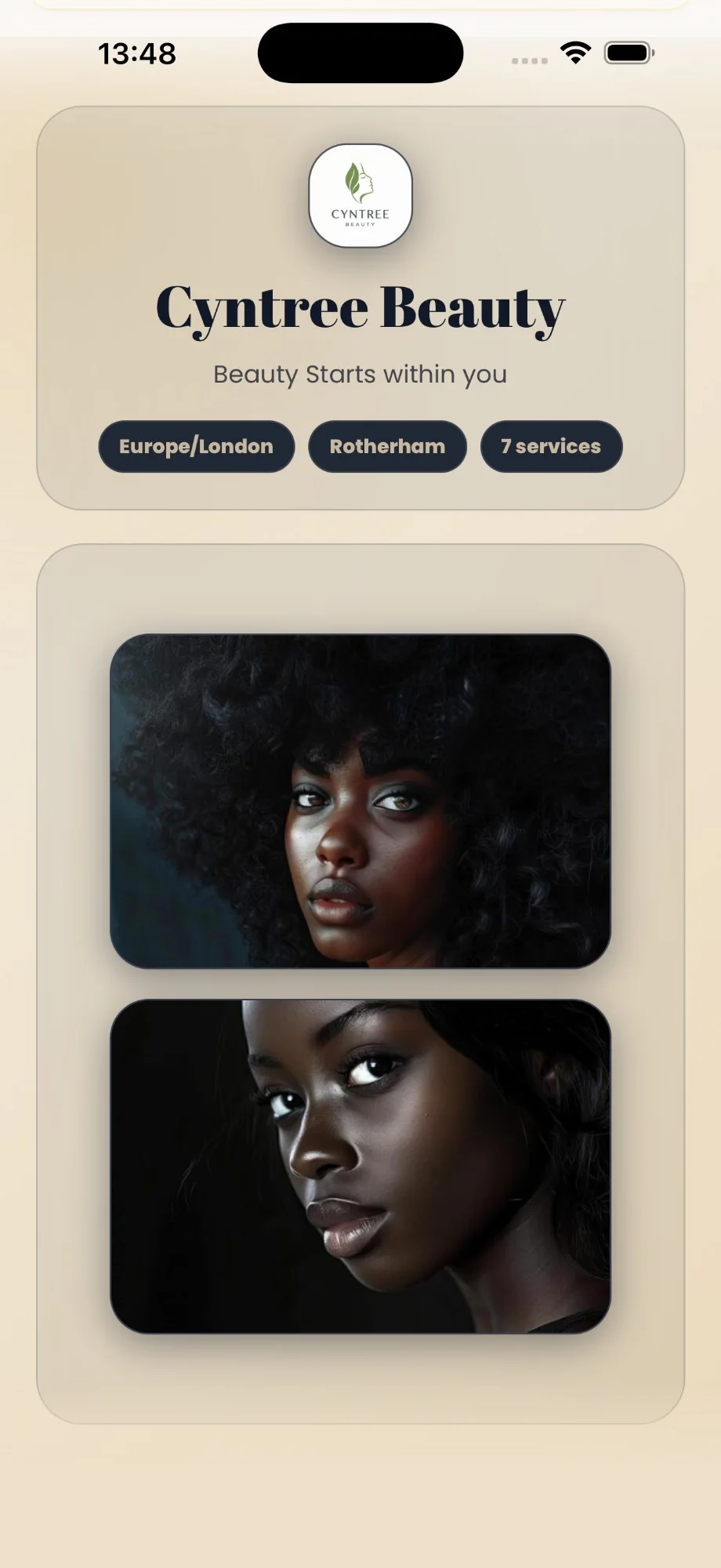 The Visual Showcase layout: business name and location over large portrait photos.
