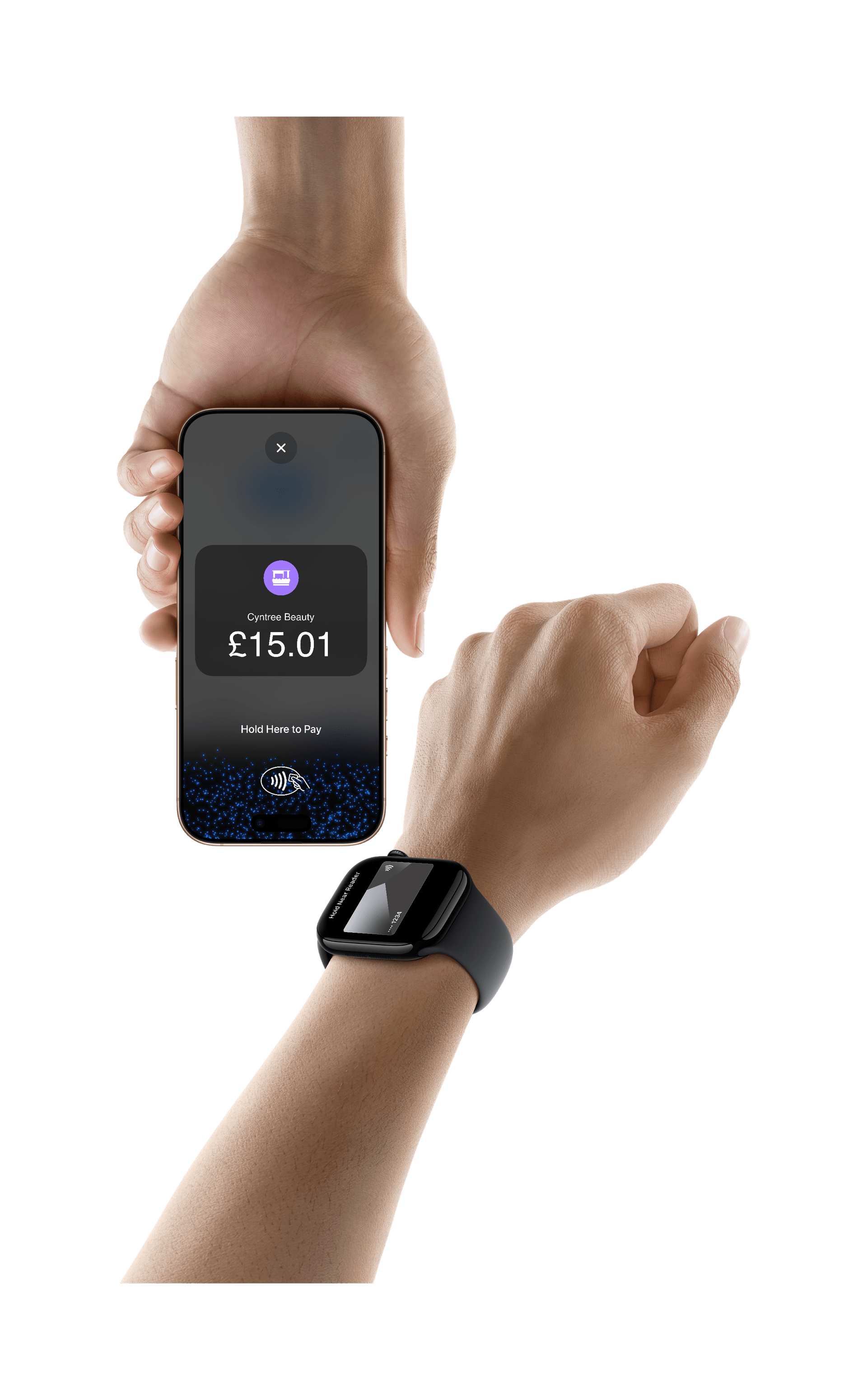 A customer holds an Apple Watch up to an iPhone to pay using Tap to Pay on iPhone.