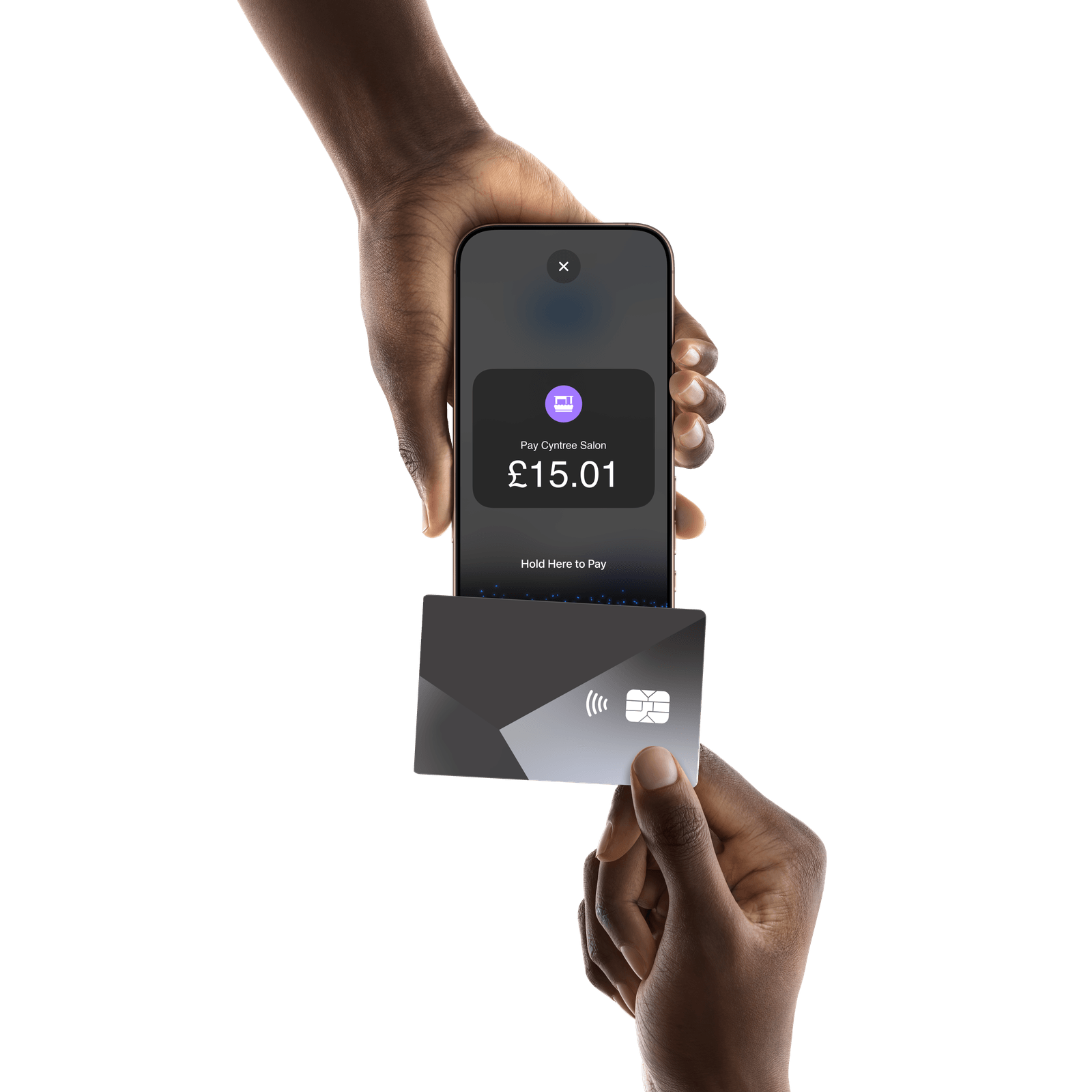 A customer taps a contactless card against an iPhone to pay using Tap to Pay on iPhone.