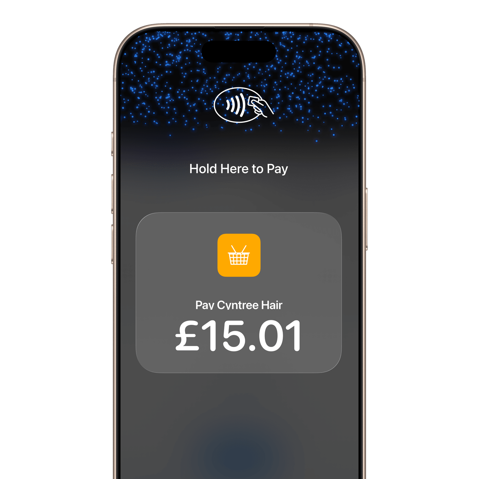 An iPhone close-up showing the Tap to Pay on iPhone payment screen — no card reader or terminal required.