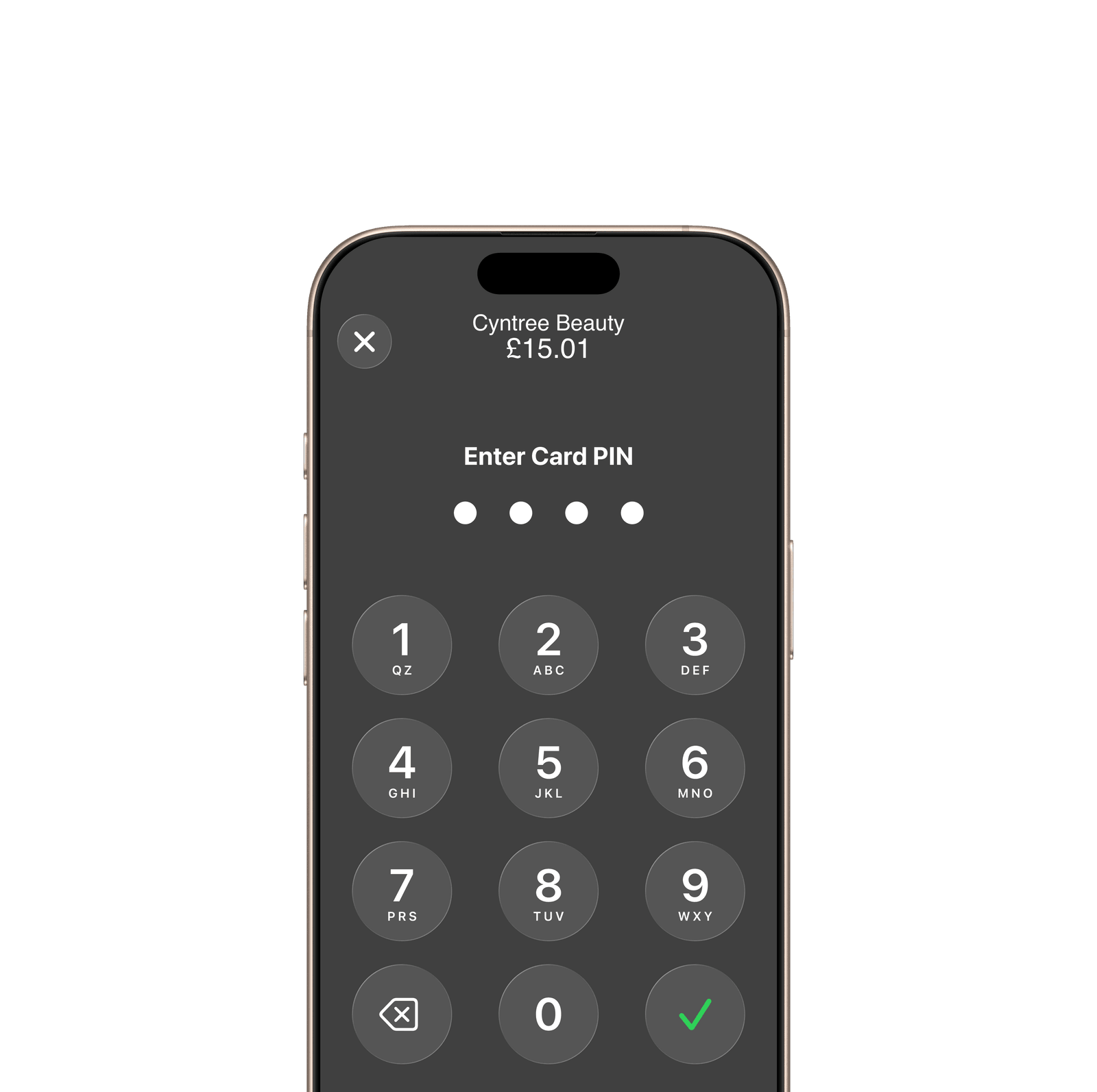 An iPhone showing the Tap to Pay on iPhone PIN entry screen.