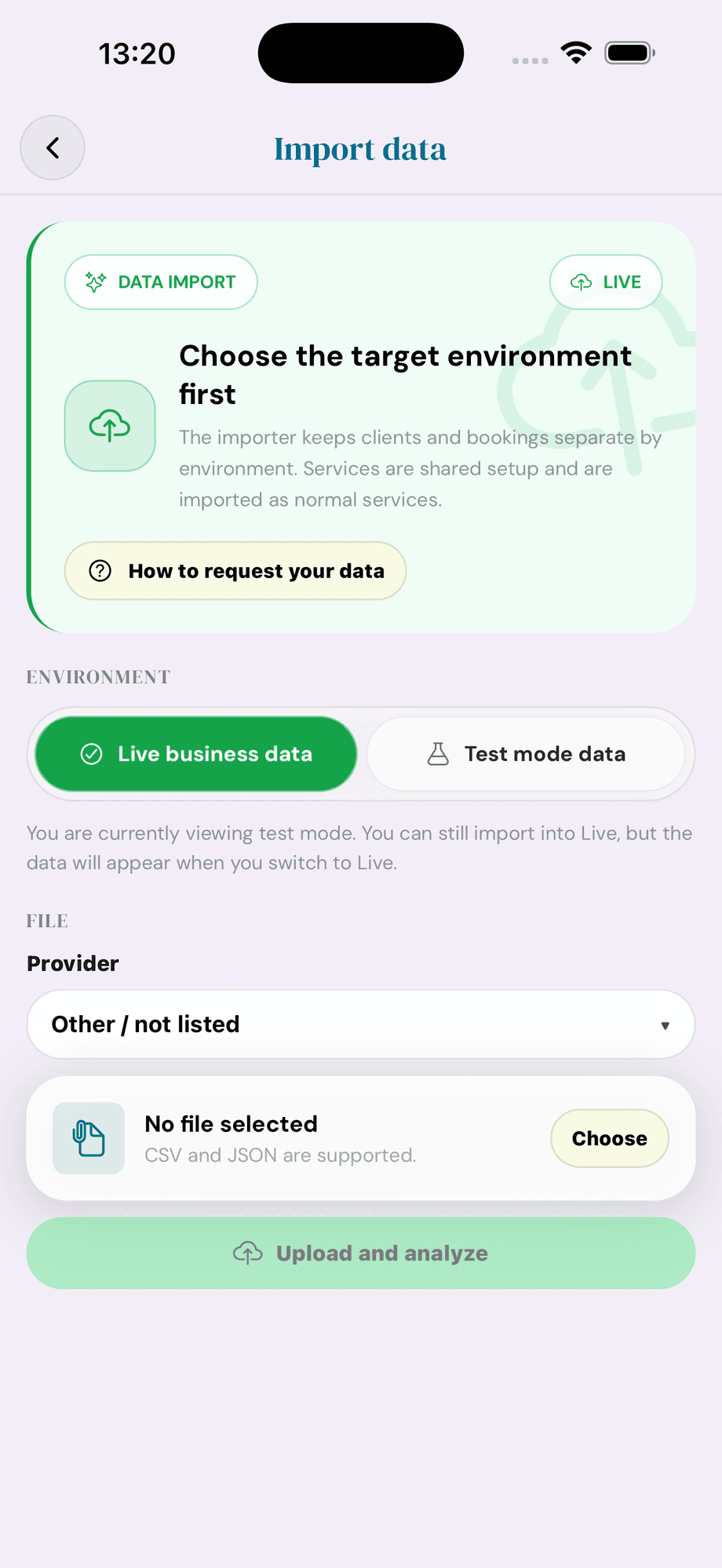 Cyntree Import data screen with Live business data selected, provider picker, and CSV or JSON file upload.
