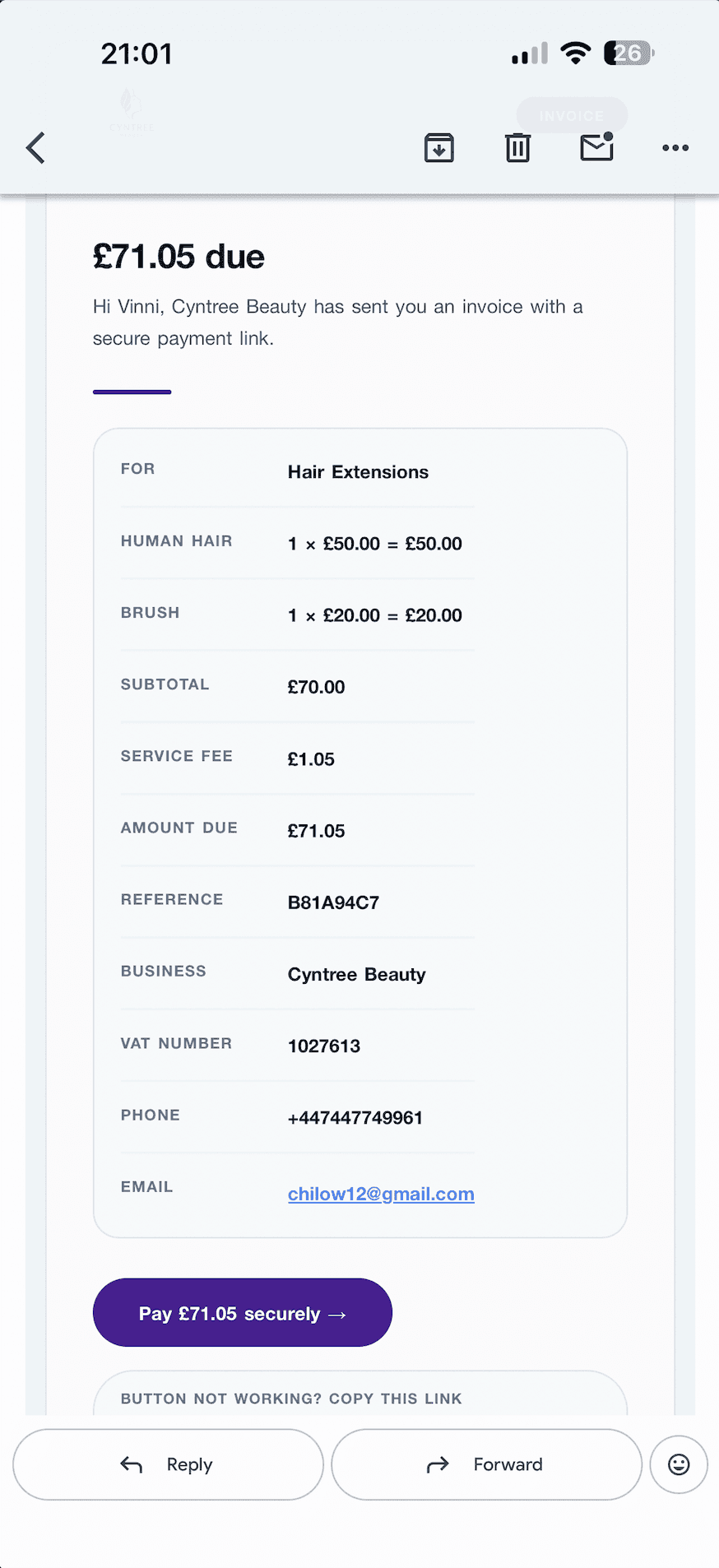 Branded Cyntree Beauty invoice email reading £71.05 due with a line-item breakdown, subtotal, service fee, business and contact details, and a Pay £71.05 securely button.