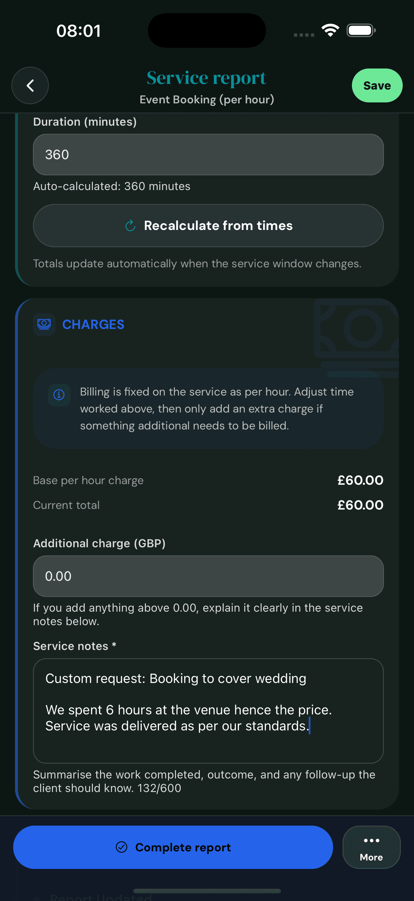 Cyntree service report editor charges section with base per hour charge of £60, additional charge field, service notes filled with custom request and explanation, and a Complete report button