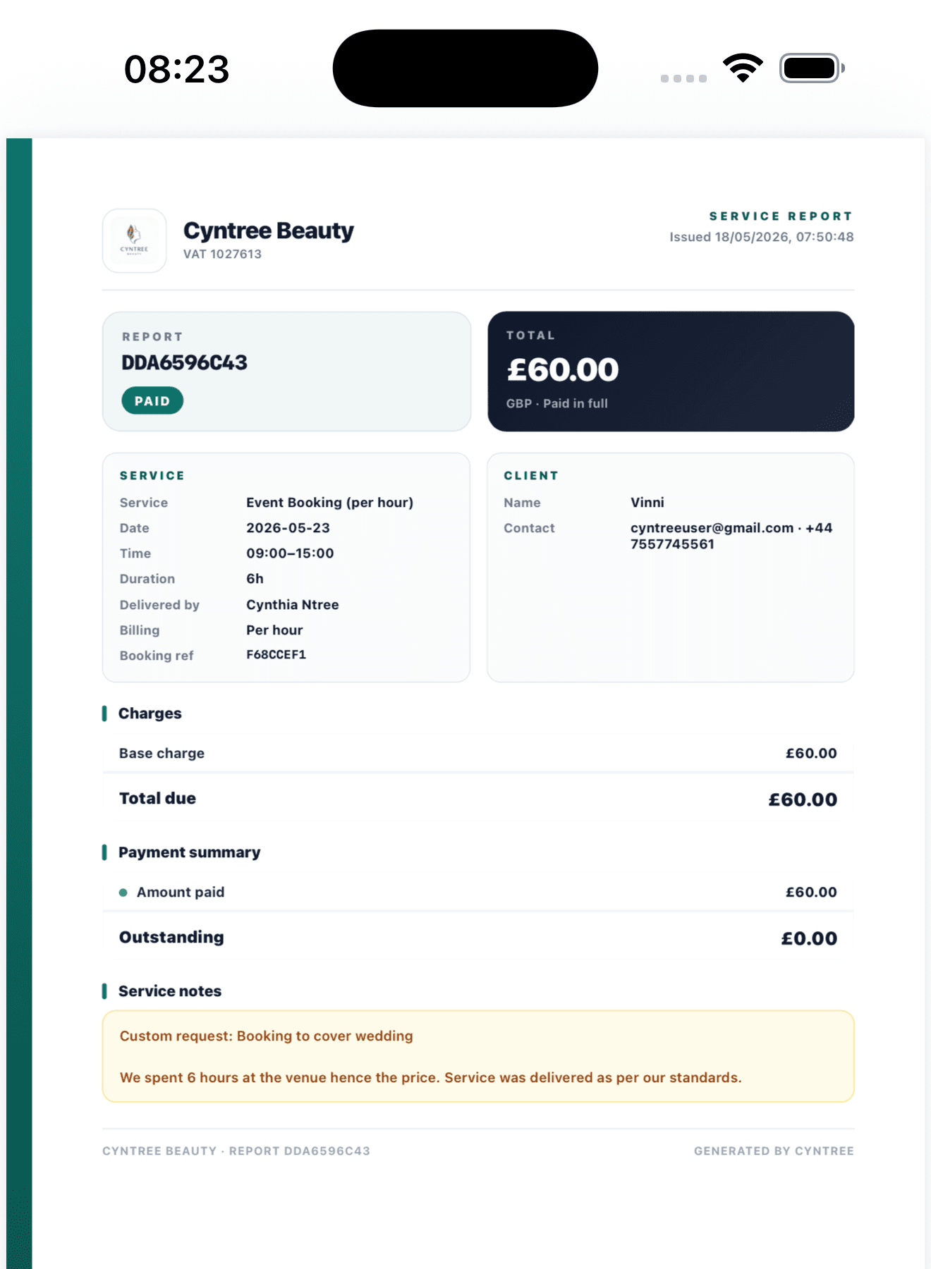 Branded Cyntree Beauty service report PDF showing the report ID DDA6596C43 marked as paid, total of £60 paid in full, service and client details, charges breakdown, payment summary, and highlighted service notes
