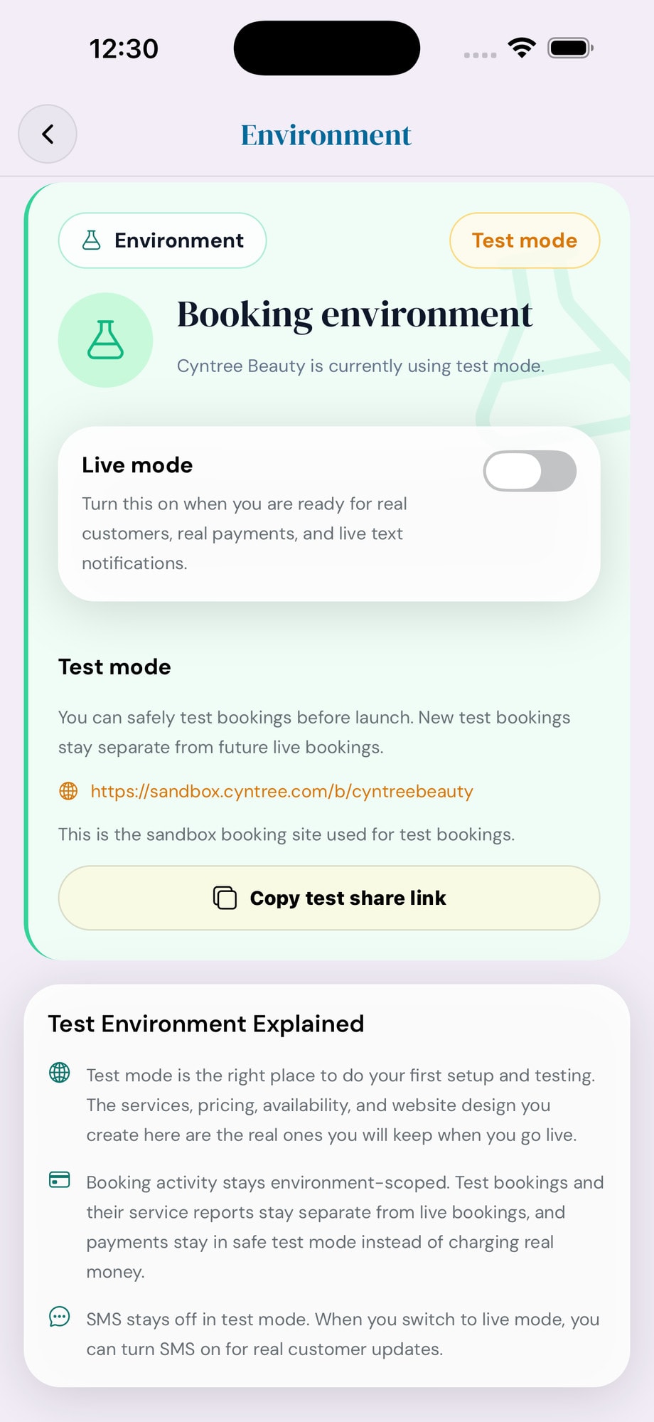 Cyntree Environment screen showing a Live mode toggle, the test sandbox URL, and an explanation of how test bookings, payments, and SMS stay environment-scoped.