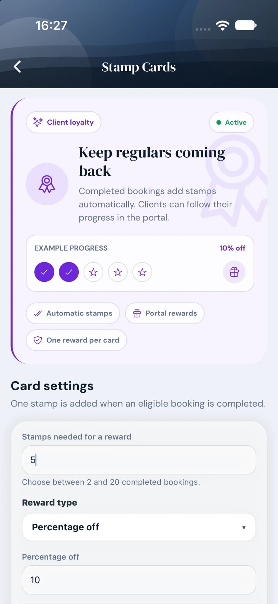 Cyntree Stamp Cards screen marked Active, headed Keep regulars coming back, with an example card showing two of five stamps towards 10% off, and card settings for 5 stamps needed and a Percentage off reward of 10.