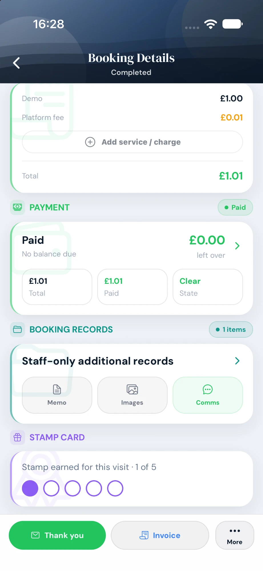 Cyntree Booking Details for a completed, paid booking with a Stamp Card section reading Stamp earned for this visit, 1 of 5, with one filled stamp and four empty.